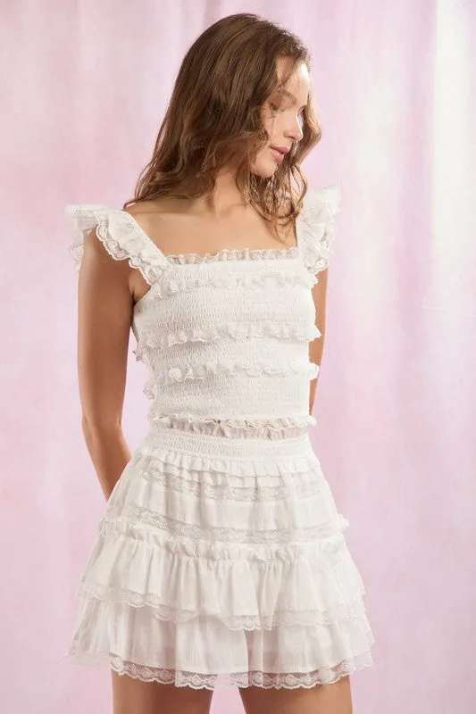 Lace Trim With Ruffle Detail Solid Crop Top