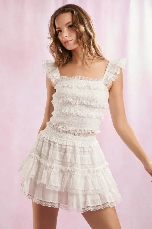 Lace Trim With Ruffle Detail Solid Crop Top