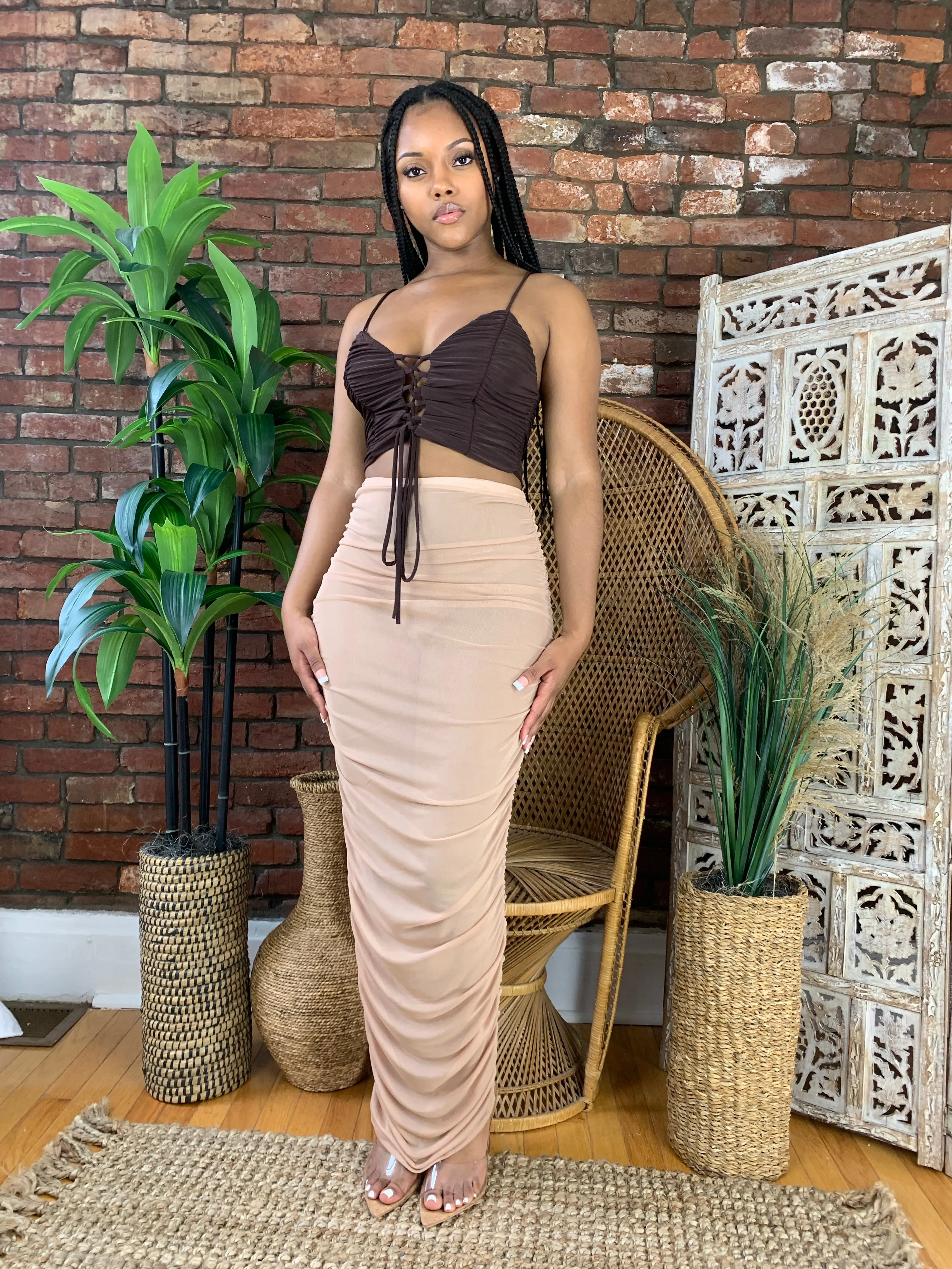 Lace Up Ruched Crop Top- Brown