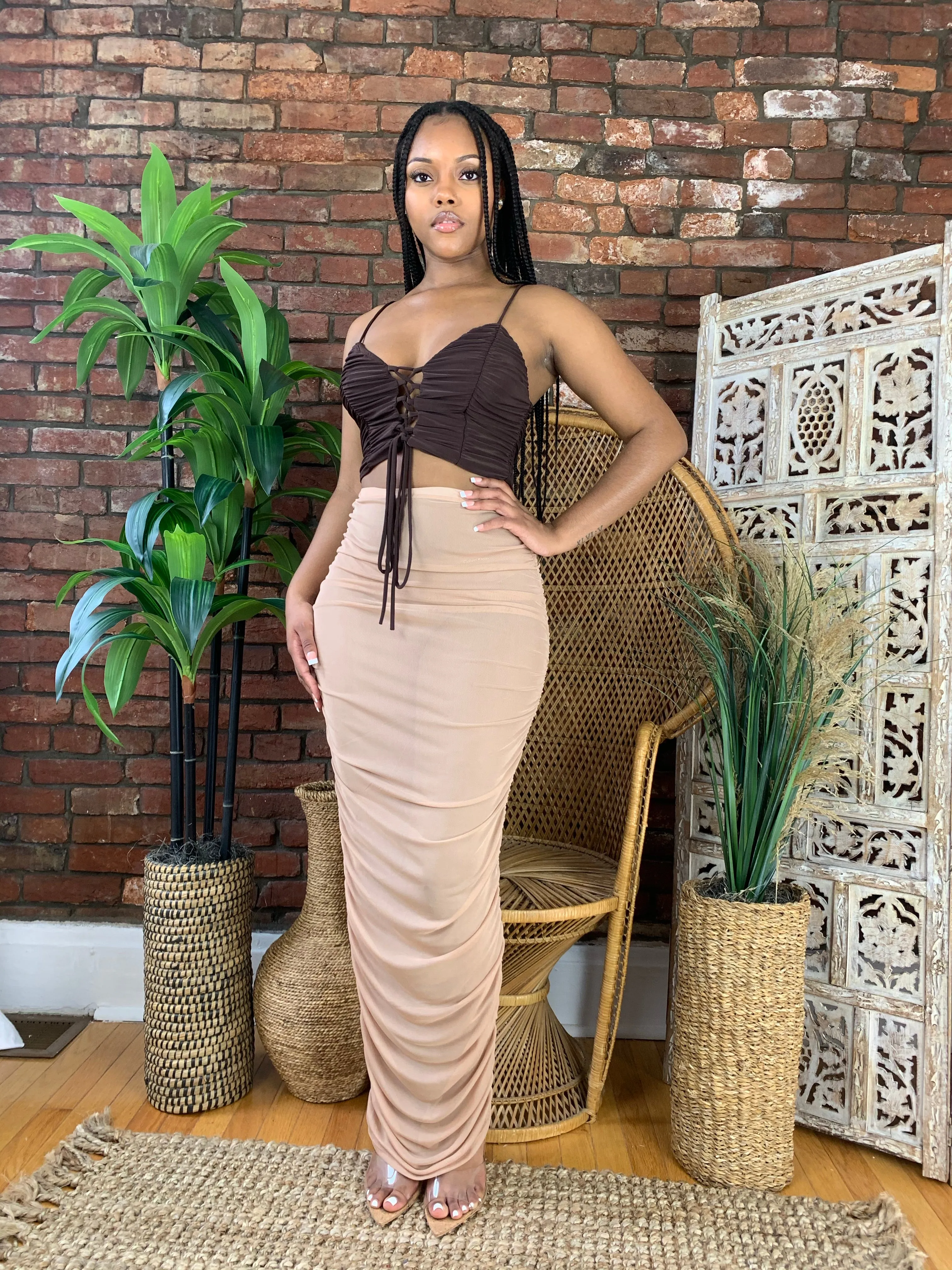 Lace Up Ruched Crop Top- Brown