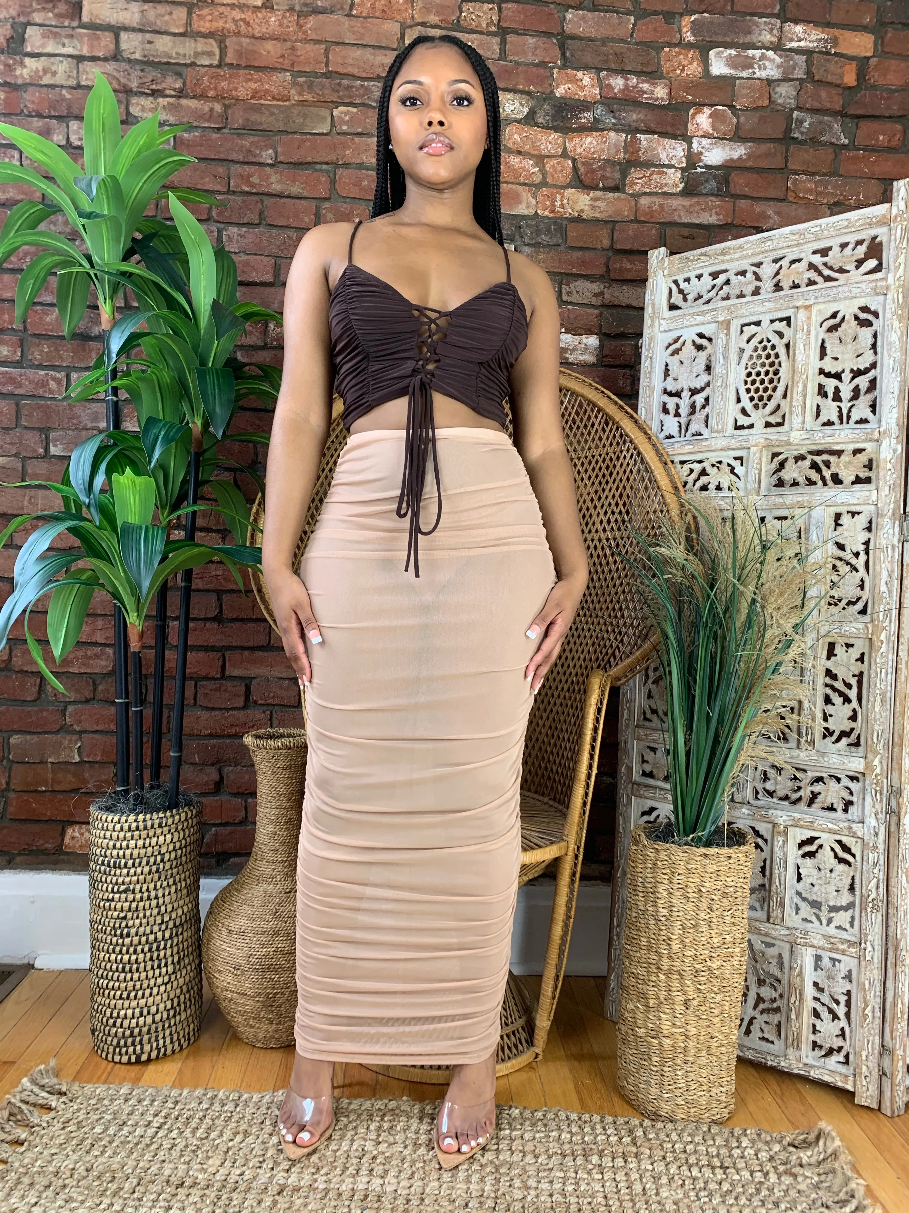 Lace Up Ruched Crop Top- Brown