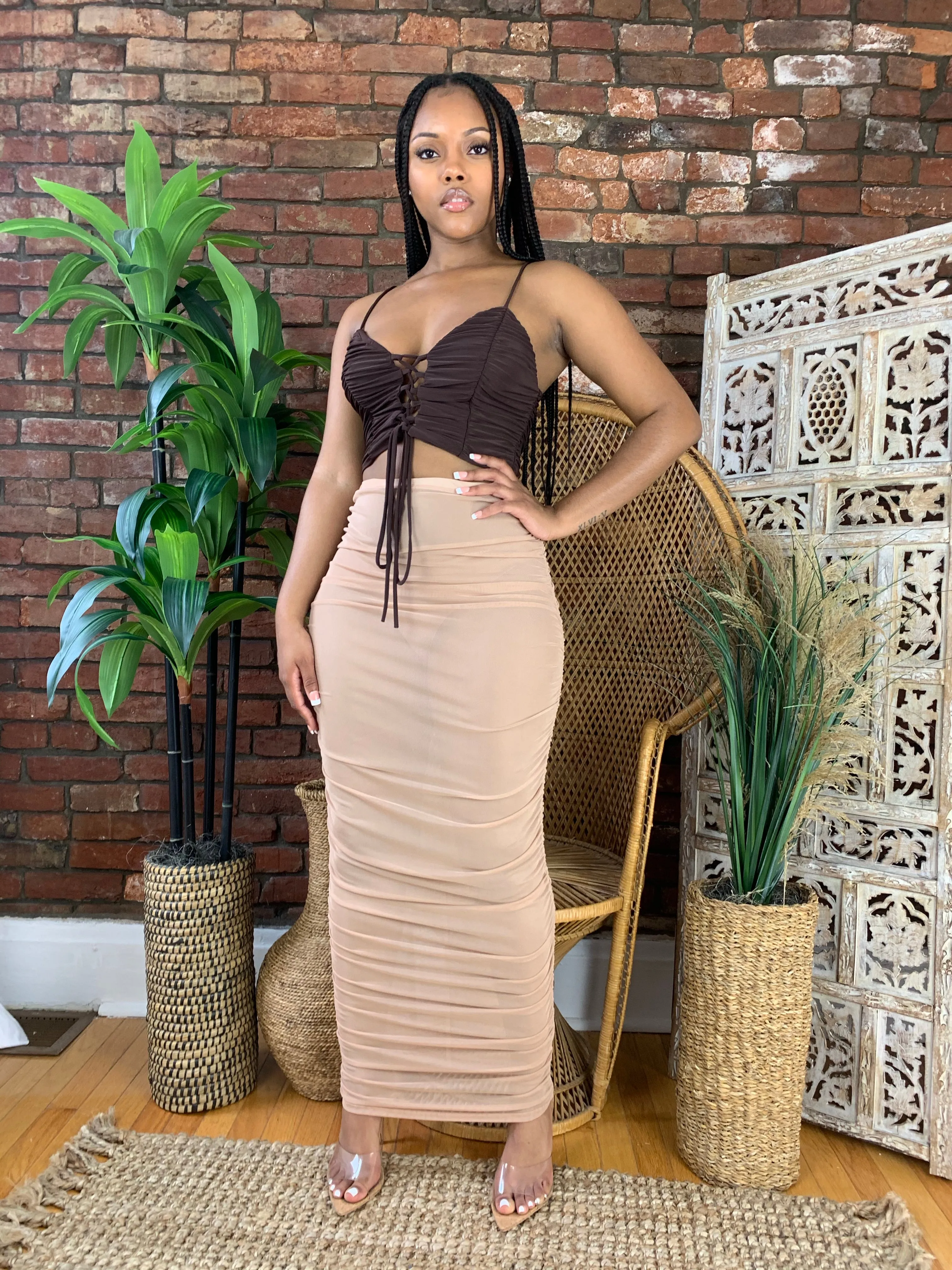 Lace Up Ruched Crop Top- Brown