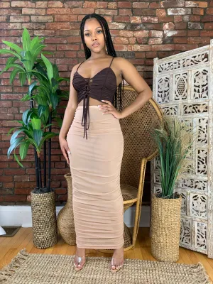 Lace Up Ruched Crop Top- Brown