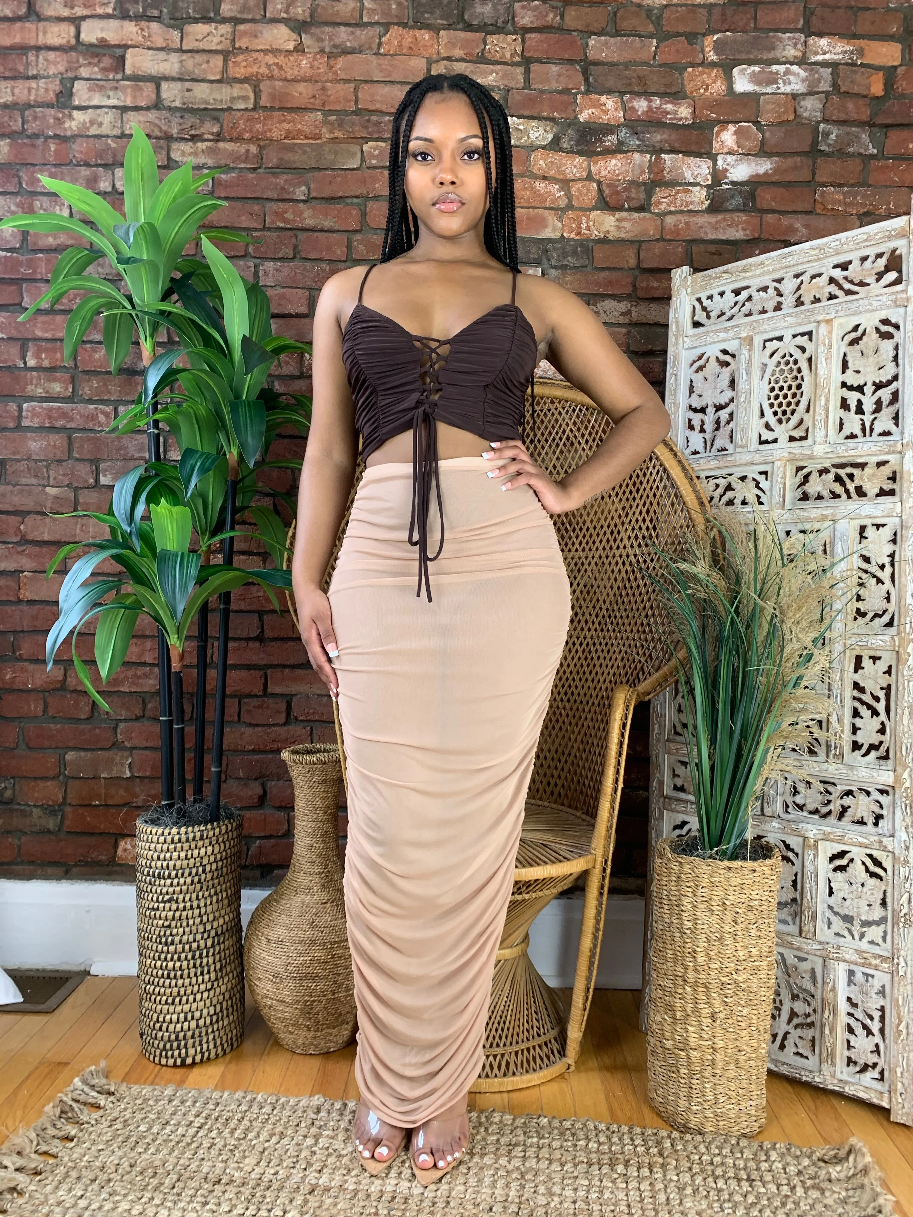 Lace Up Ruched Crop Top- Brown