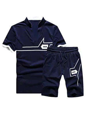 Lavnis Men's Casual Tracksuit T-Shirts and Shorts Running Jogging Athletic Sports Set Blue L