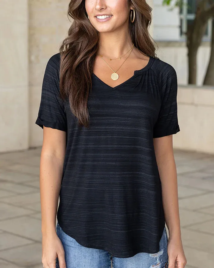 Lazy day pleated tee in space dye black