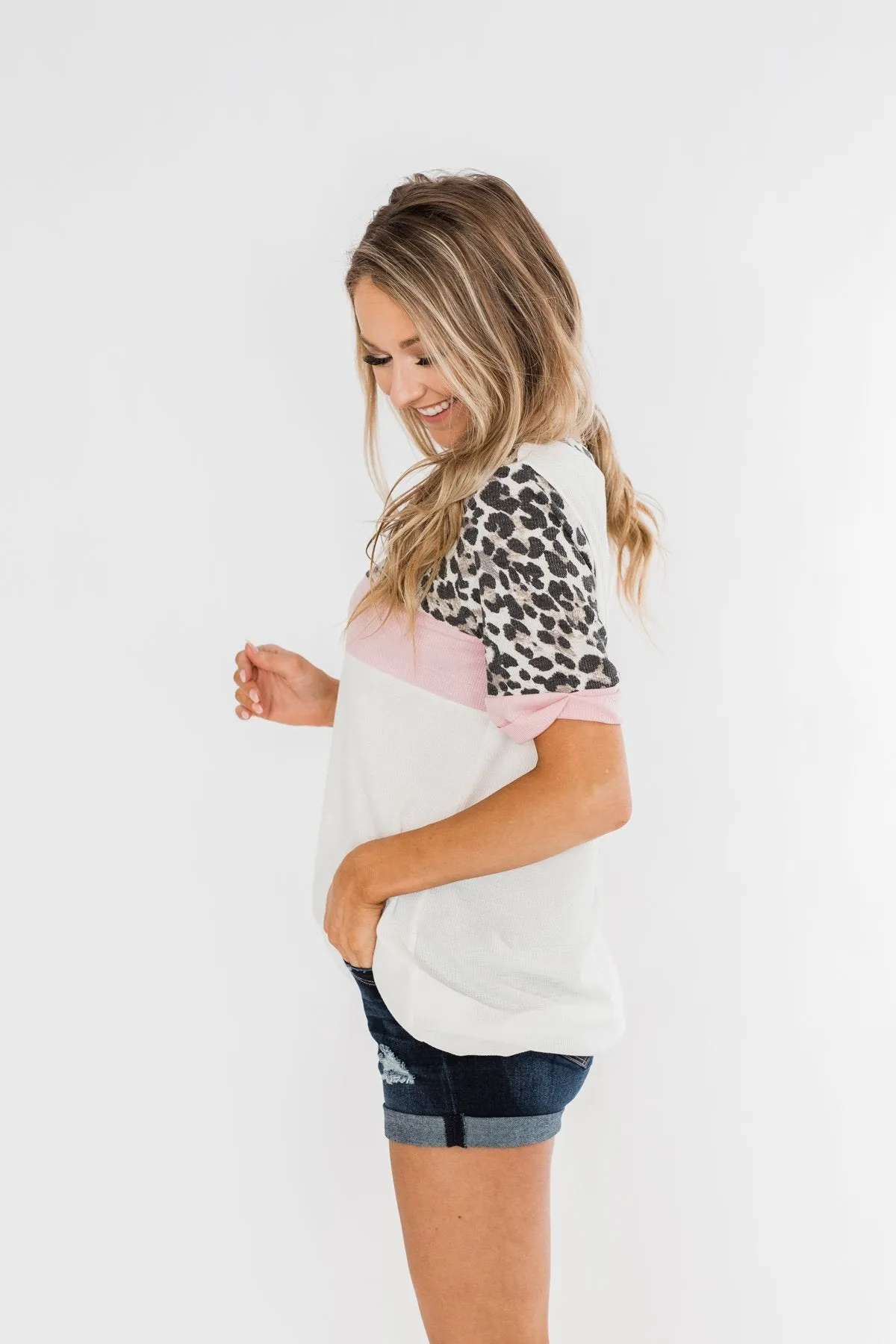 Leopard Color Block Thermal Knit Top- Ivory & Pink