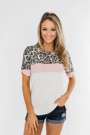 Leopard Color Block Thermal Knit Top- Ivory & Pink