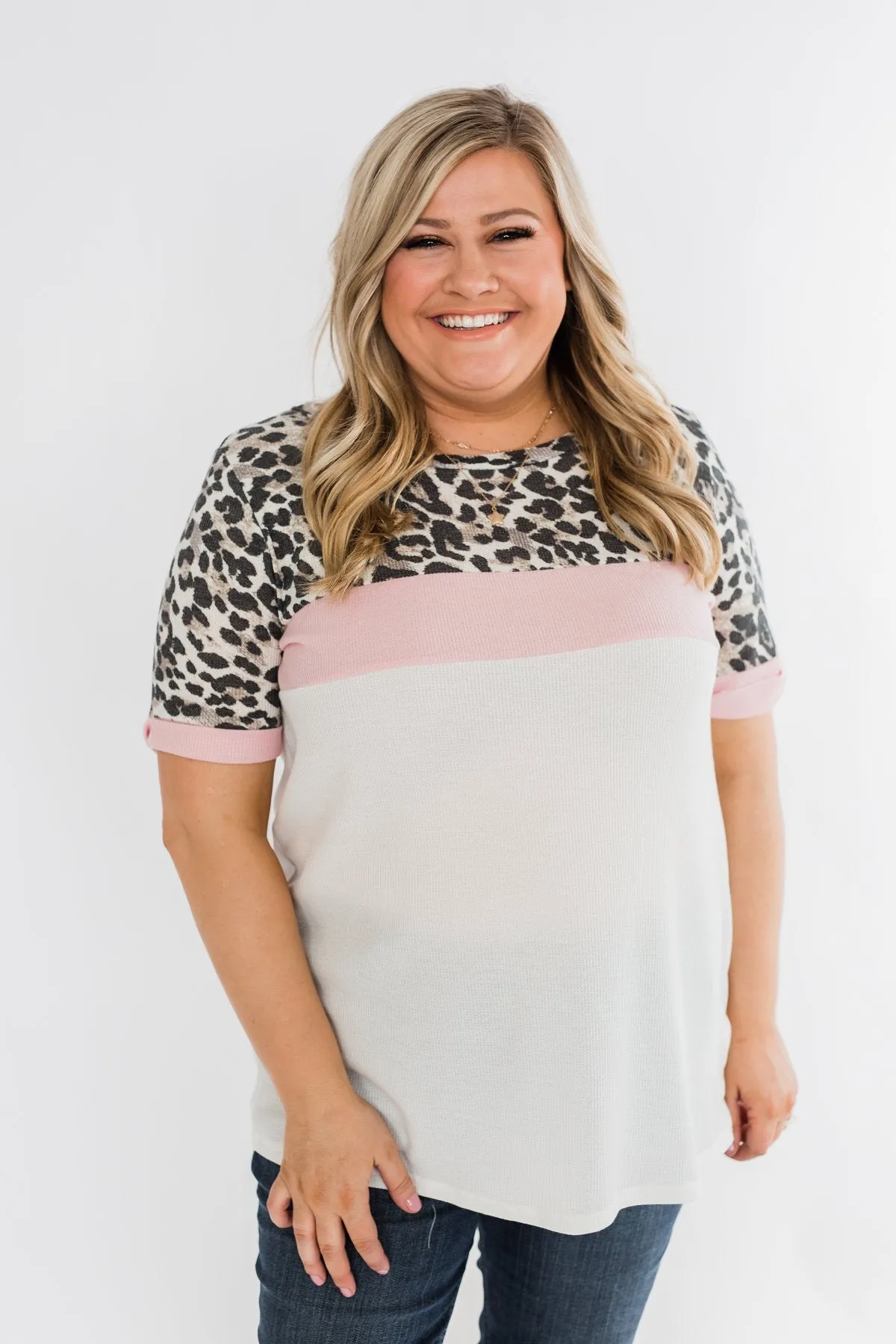 Leopard Color Block Thermal Knit Top- Ivory & Pink