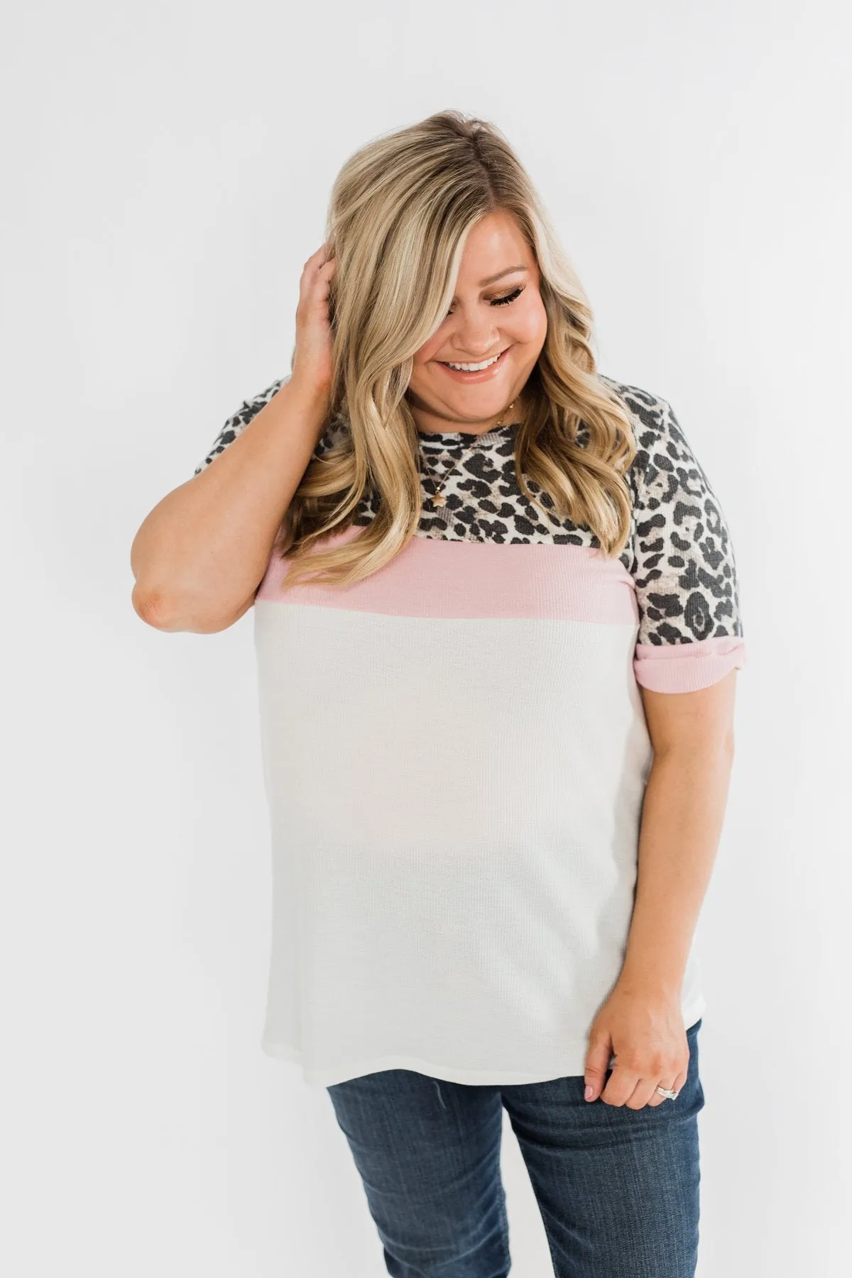 Leopard Color Block Thermal Knit Top- Ivory & Pink