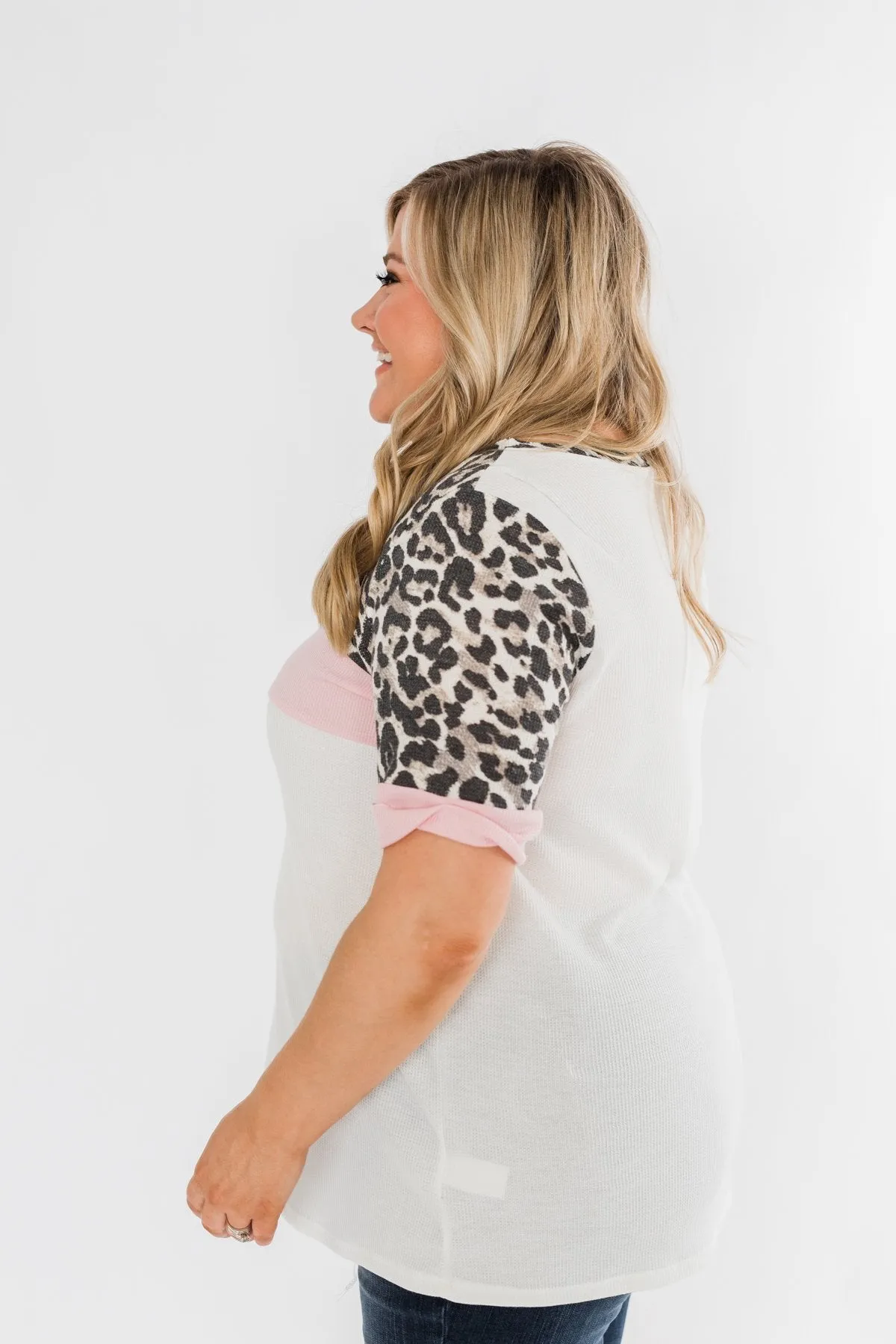 Leopard Color Block Thermal Knit Top- Ivory & Pink
