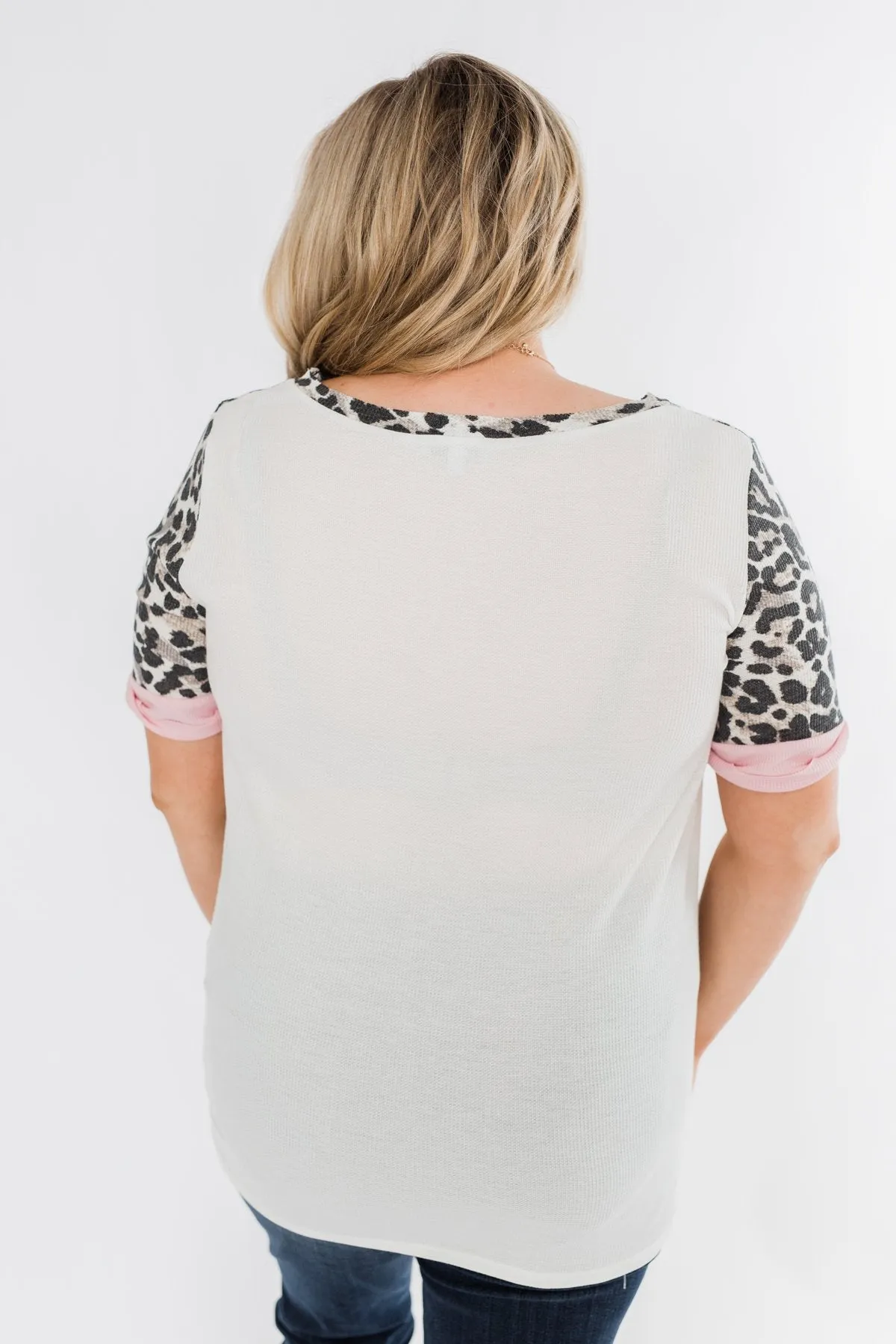 Leopard Color Block Thermal Knit Top- Ivory & Pink