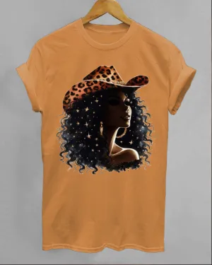 Leopard Print Cowboy Hat Black CowGirl Crew Neck Short Sleeve Cotton T-shirt
