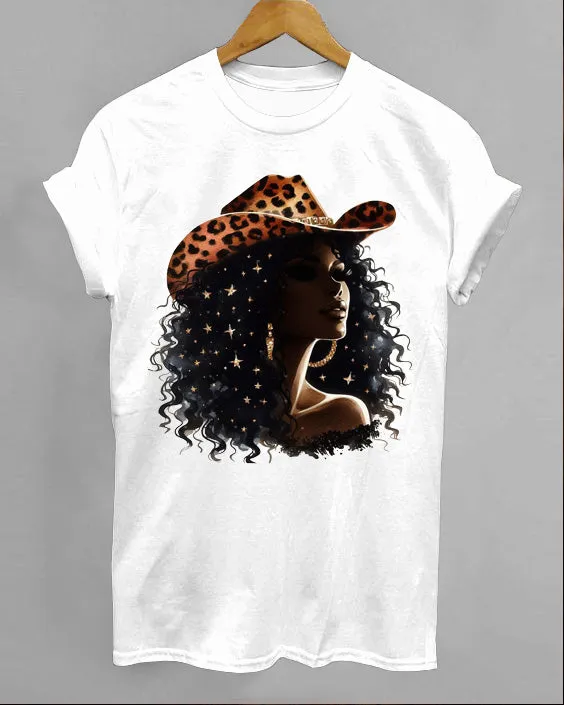 Leopard Print Cowboy Hat Black CowGirl Crew Neck Short Sleeve Cotton T-shirt