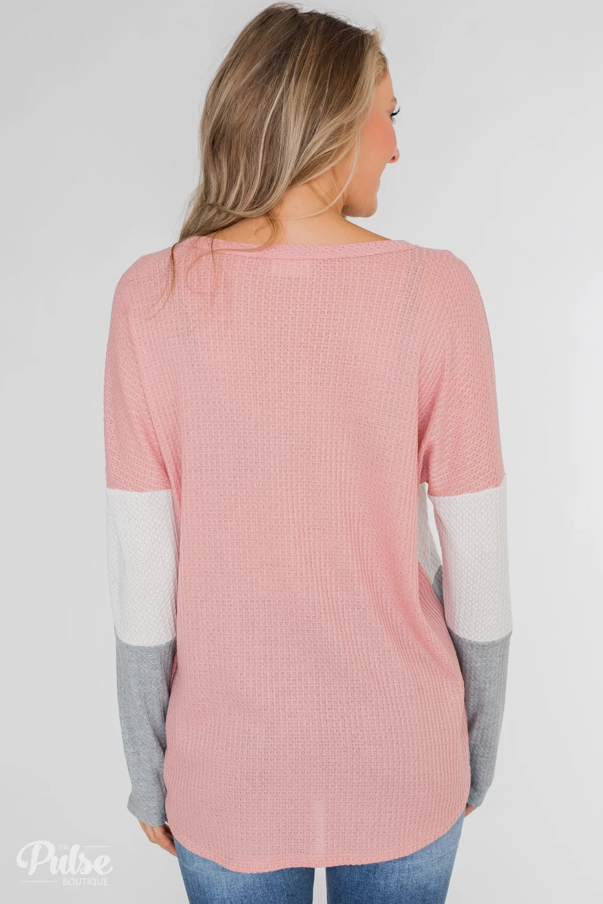 Let It Be Color Block Thermal Top- Pink & Grey