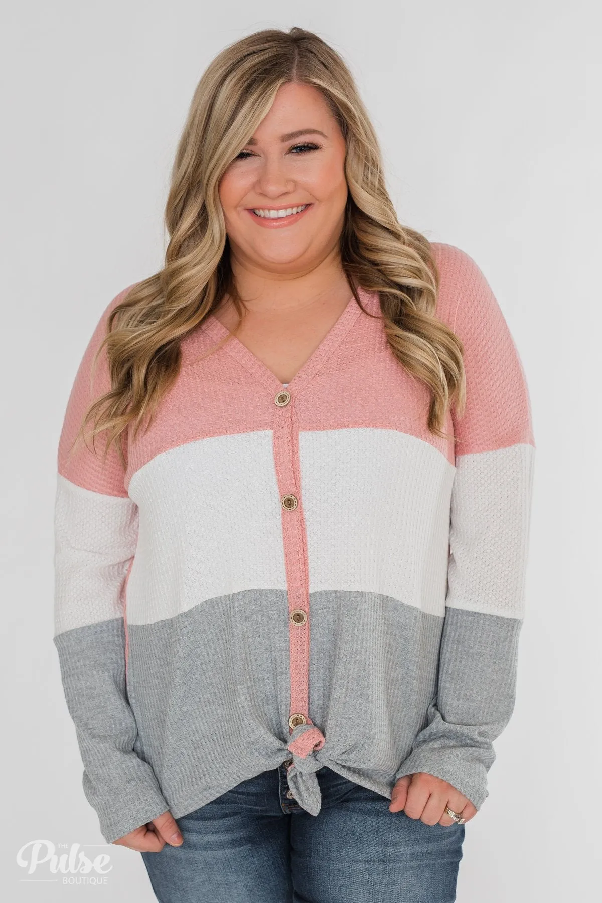 Let It Be Color Block Thermal Top- Pink & Grey