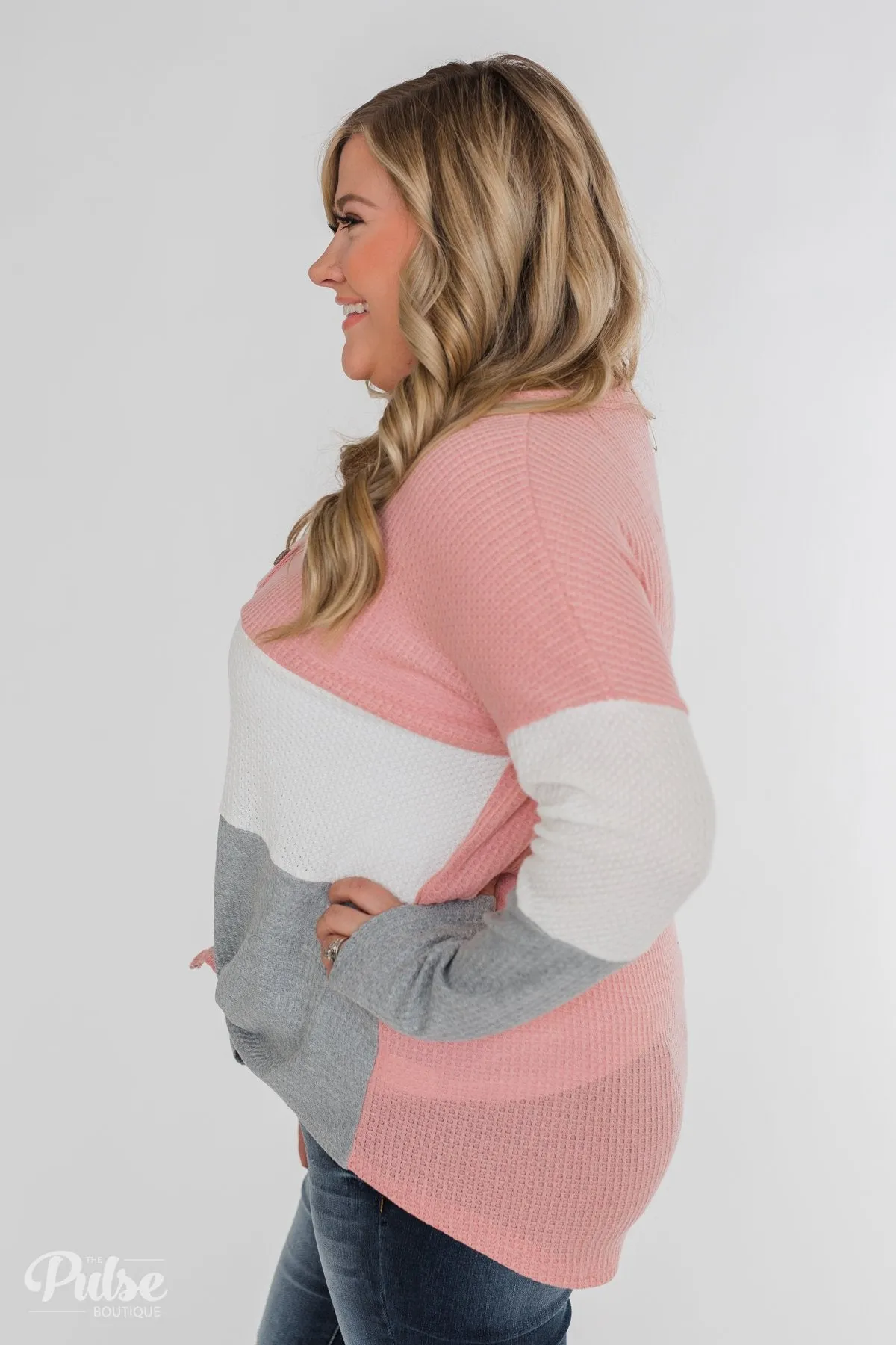 Let It Be Color Block Thermal Top- Pink & Grey
