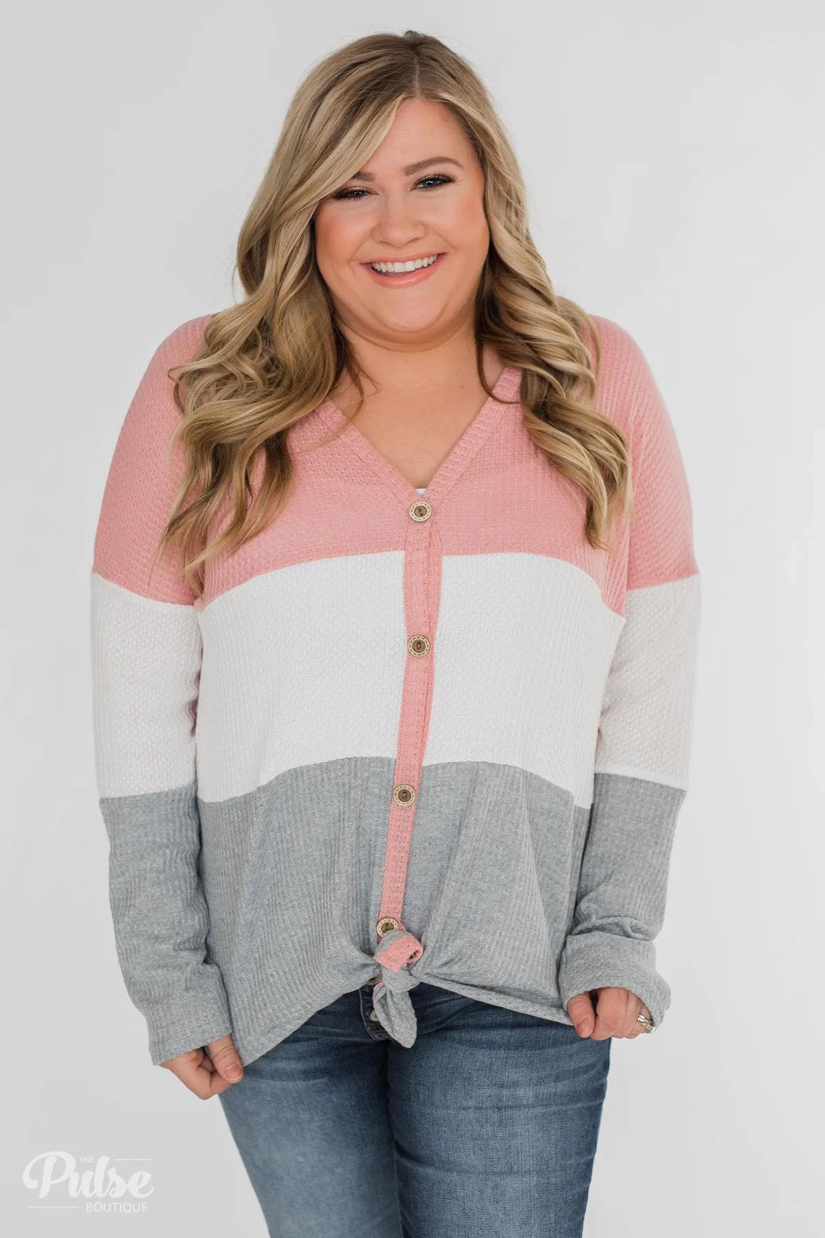 Let It Be Color Block Thermal Top- Pink & Grey