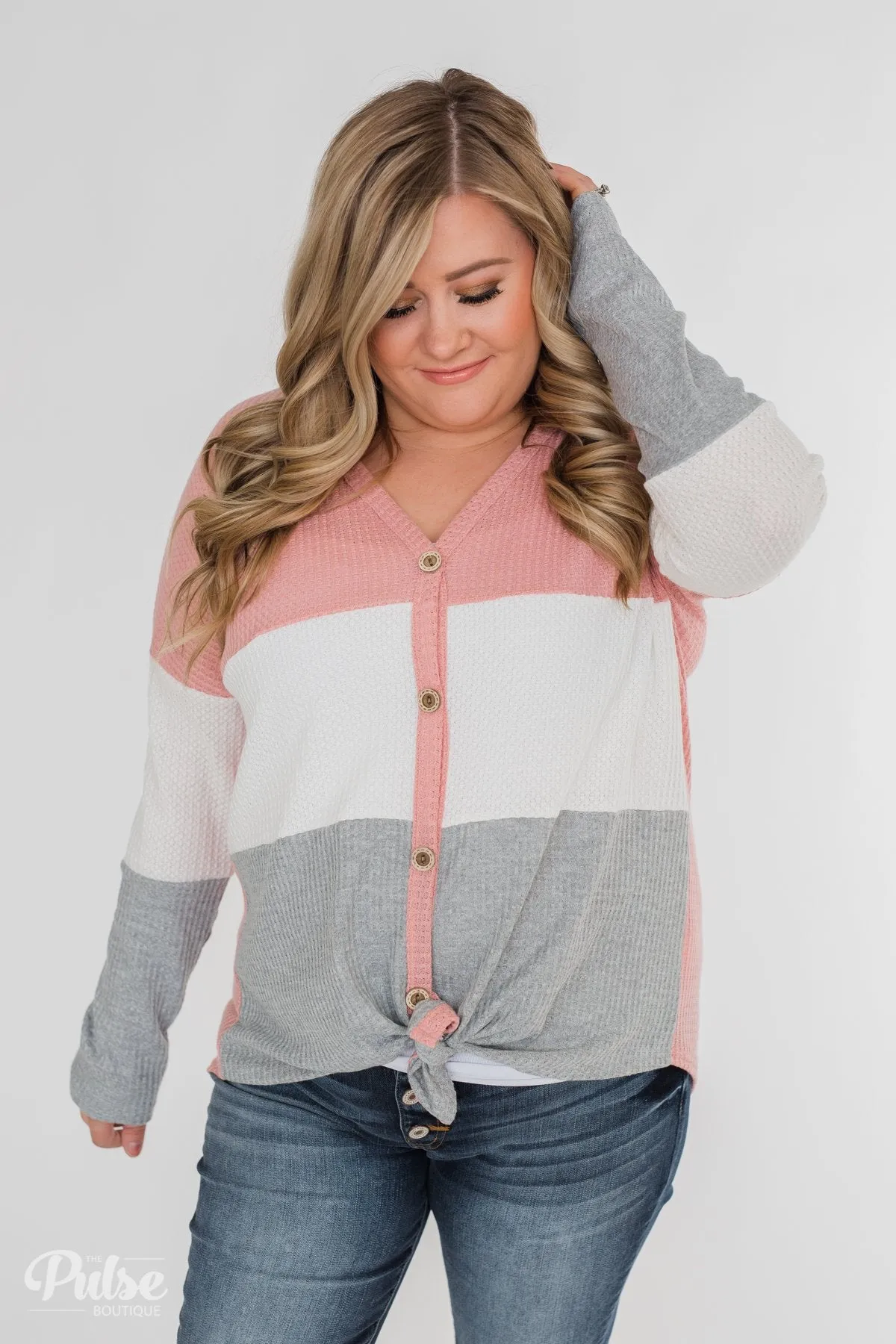 Let It Be Color Block Thermal Top- Pink & Grey
