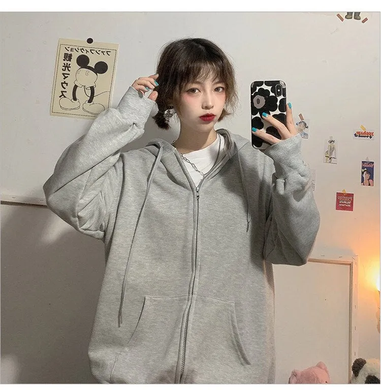 Loose Casual Zip Up Hooded Sweatshirt