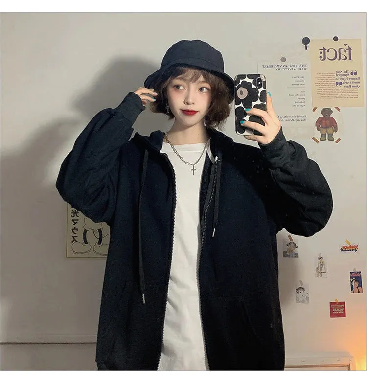 Loose Casual Zip Up Hooded Sweatshirt