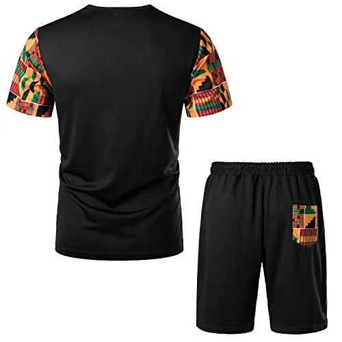 LucMatton Men's African Kente Printed T-Shirt and Shorts Set Sports Mesh Tracksuit Dashiki OutfitsBlack Small