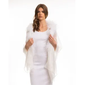 Lurex Pinstriped Silk Chiffon Shawl w. Ostrich Boa - Off White