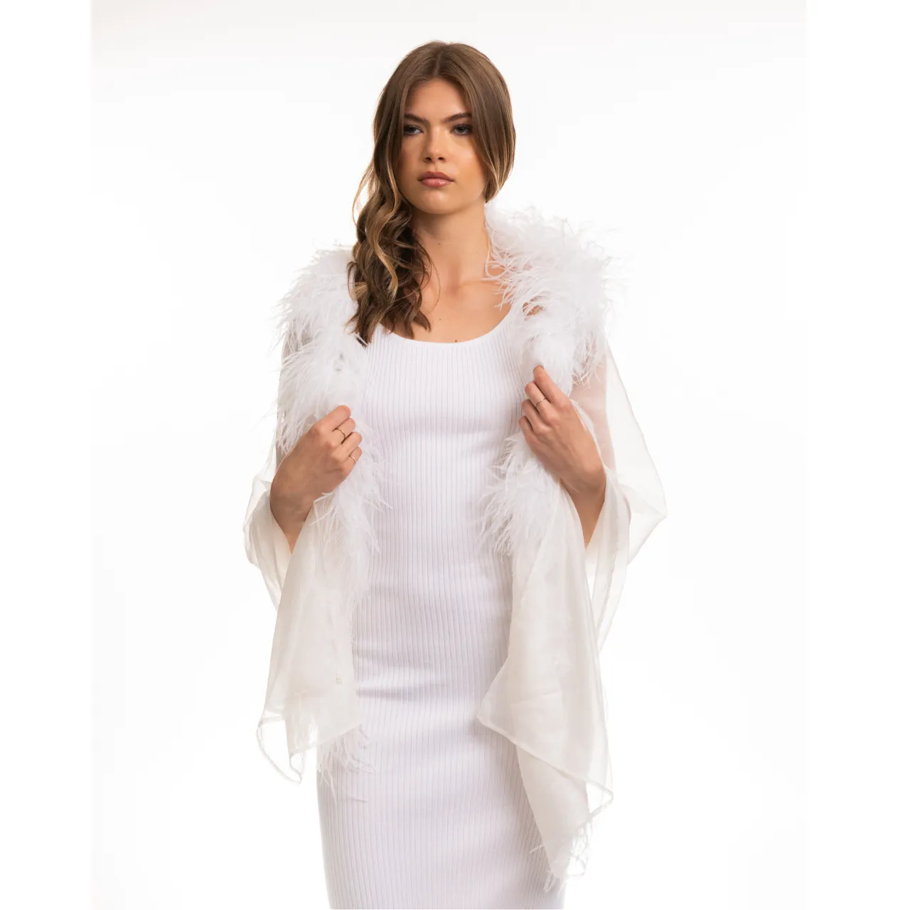 Lurex Pinstriped Silk Chiffon Shawl w. Ostrich Boa - Off White