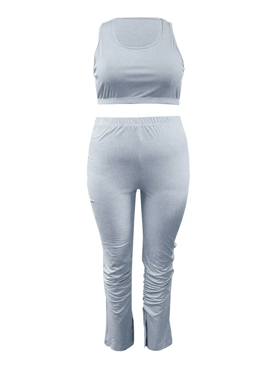 LW Plus Size Crop Top Drawstring Ruched Pants Set sleeveless tank top   pants sports yoga suit Elegant 2 Piece Set Club Outfits