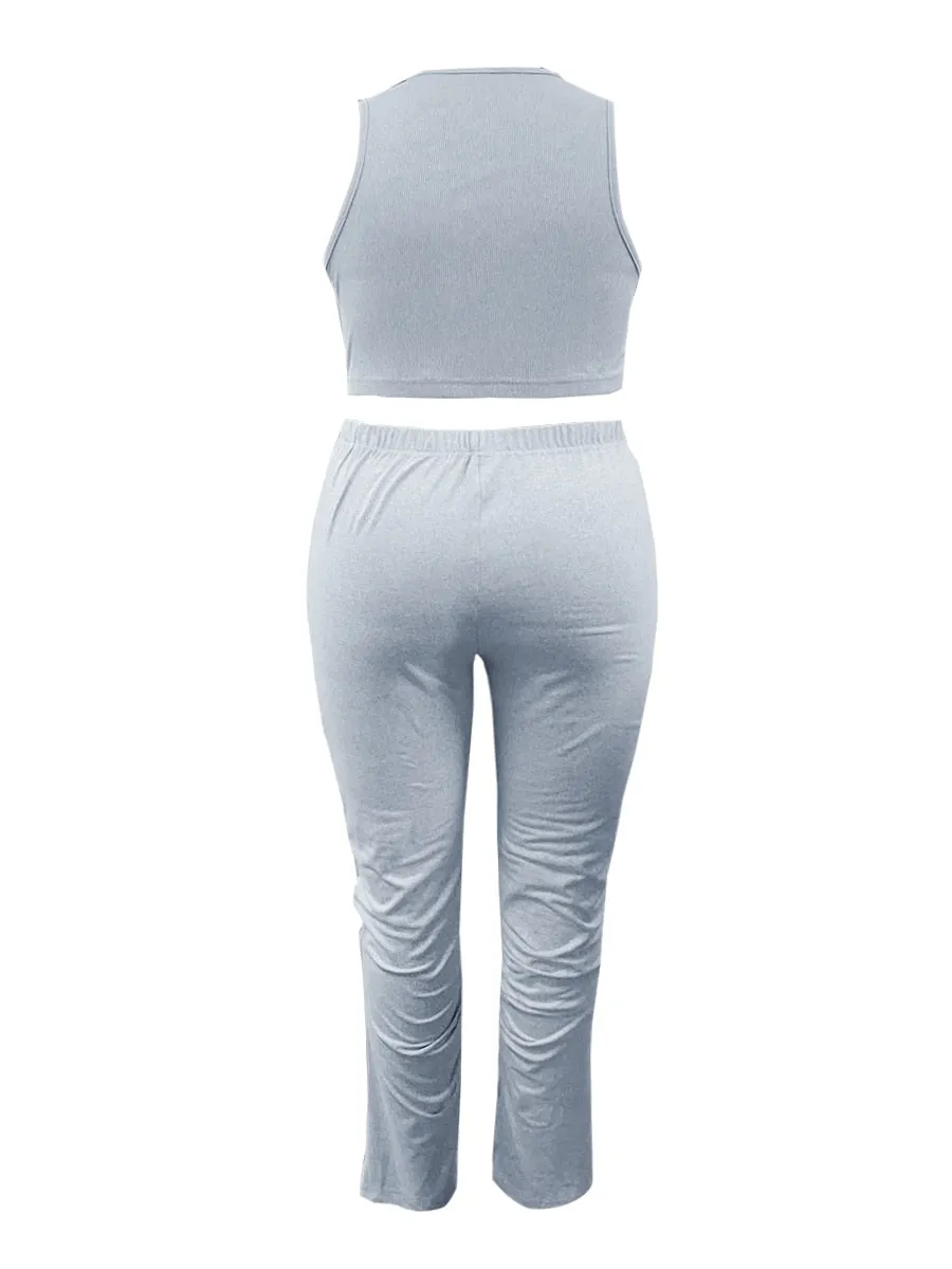 LW Plus Size Crop Top Drawstring Ruched Pants Set sleeveless tank top   pants sports yoga suit Elegant 2 Piece Set Club Outfits