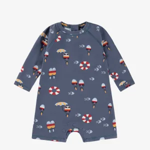 Maillot de bain une-pièce bleu marine à motifs, bébé || Navy blue one-piece swimsuit with all over print, baby