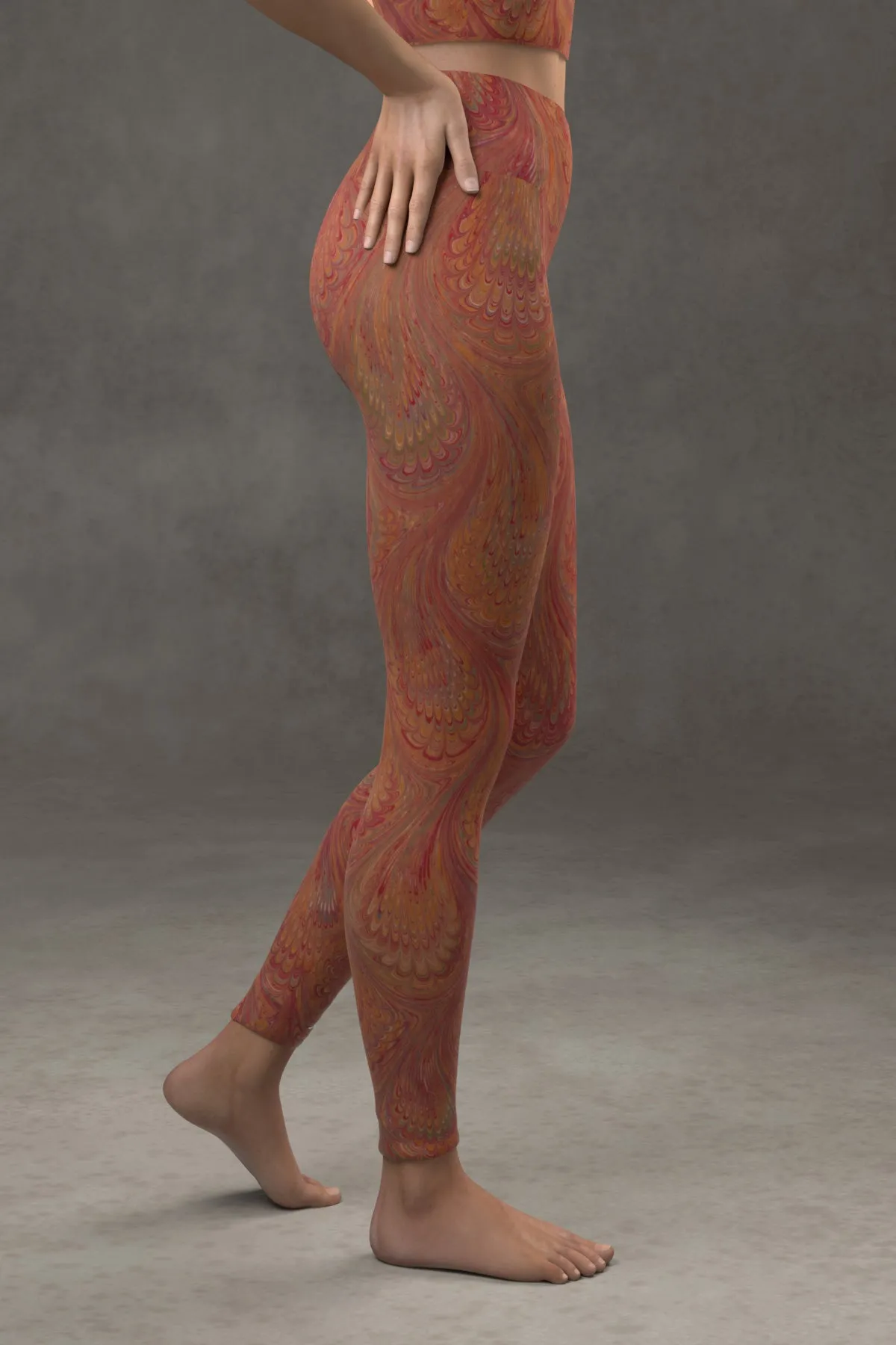 Marbled Peacock Yoga Leggings: Carmine