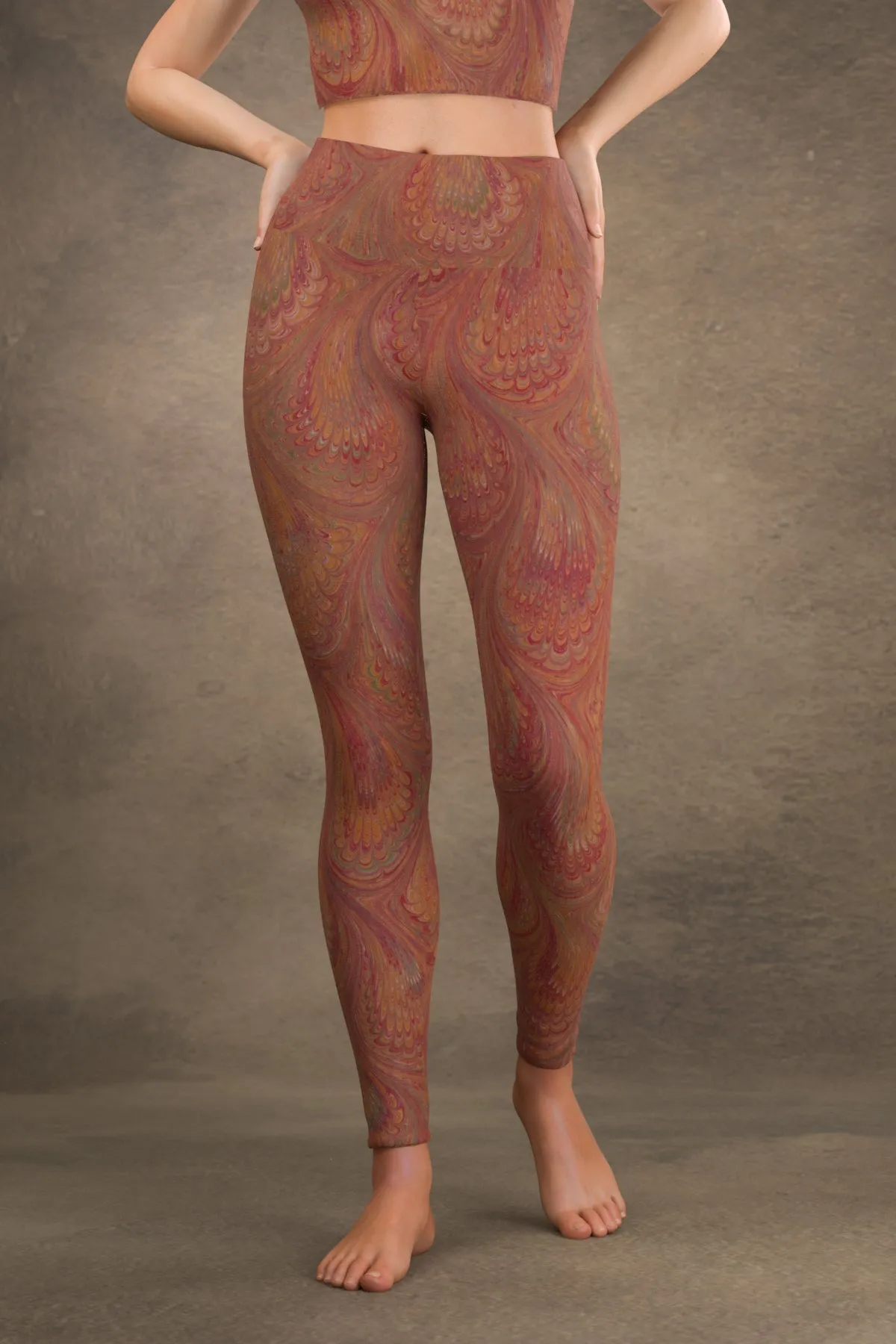 Marbled Peacock Yoga Leggings: Carmine