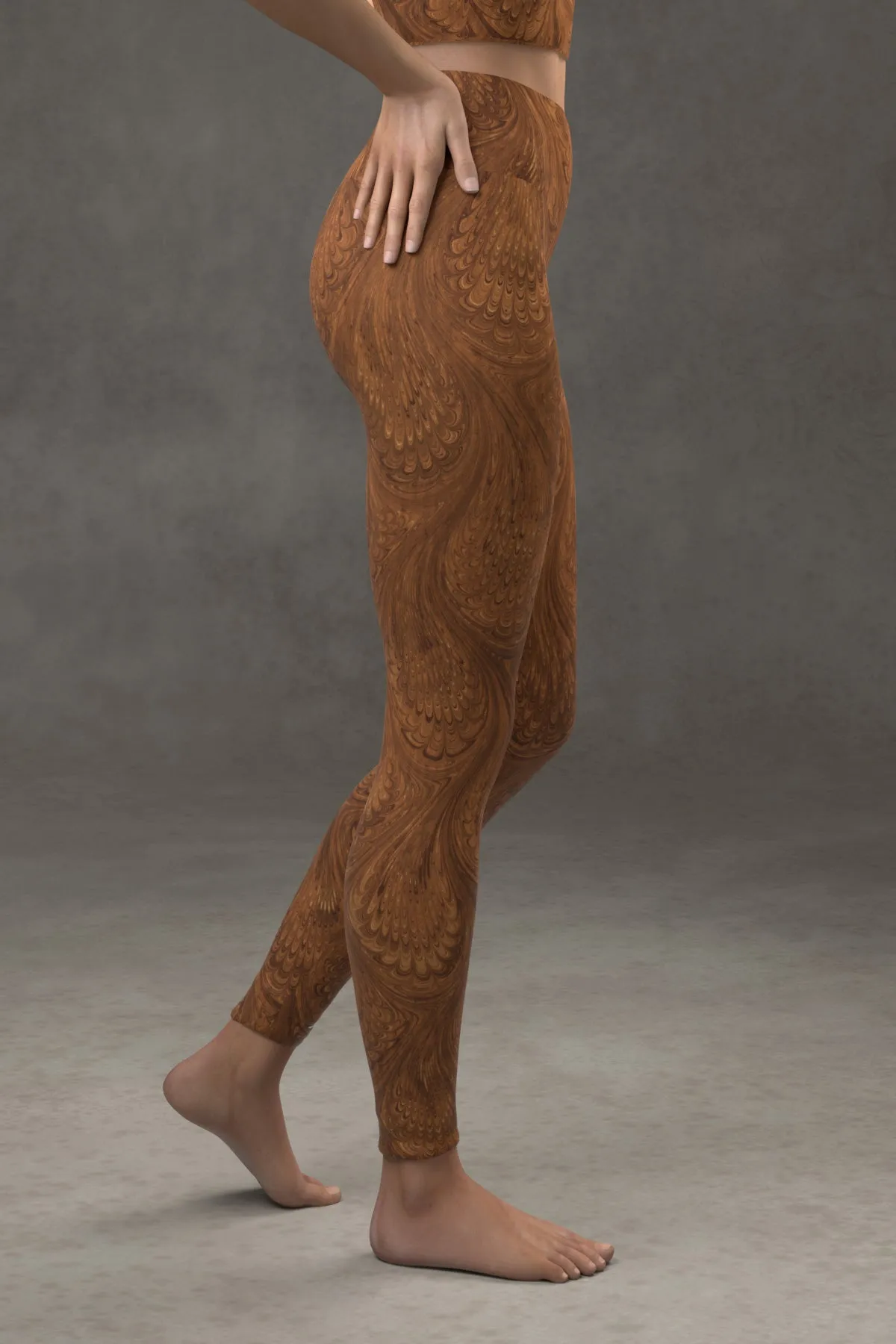 Marbled Peacock Yoga Leggings: Sepia