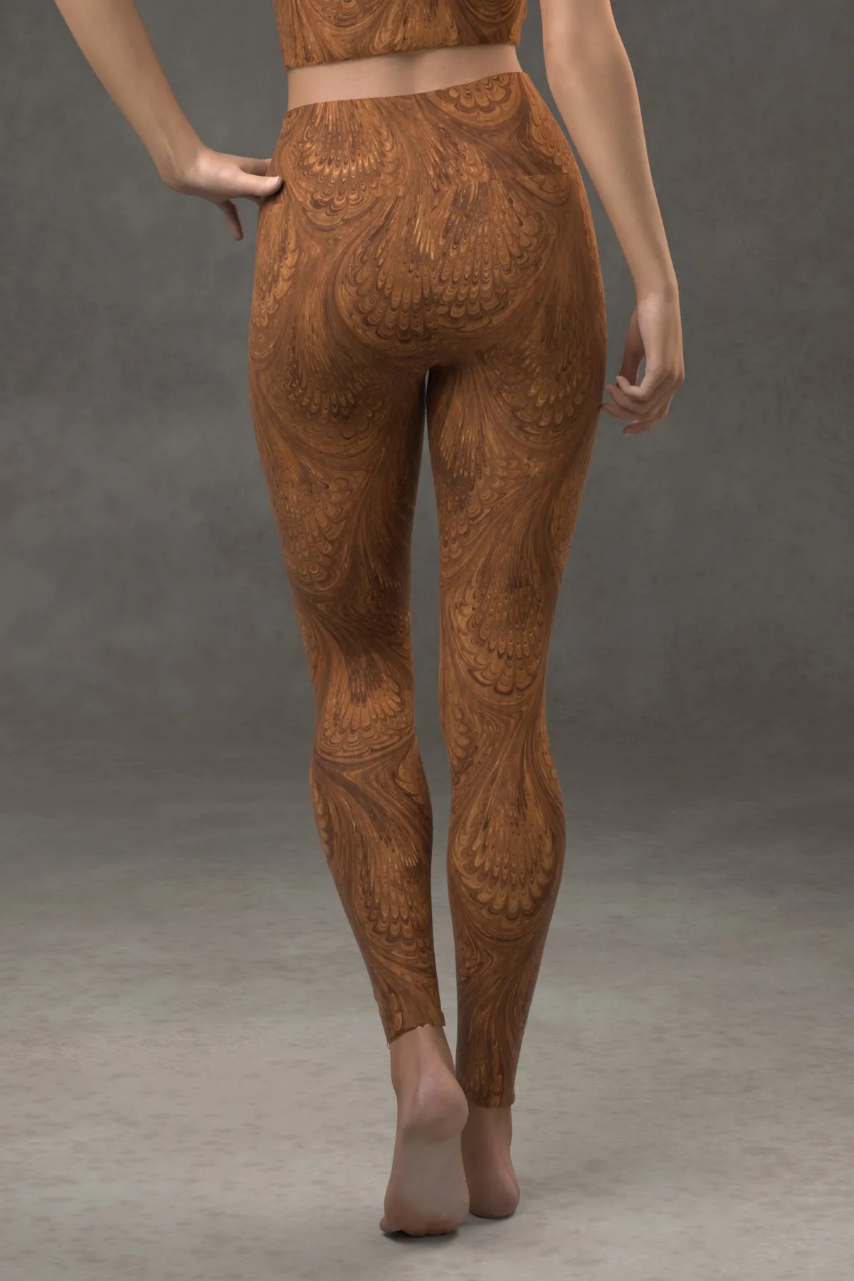 Marbled Peacock Yoga Leggings: Sepia