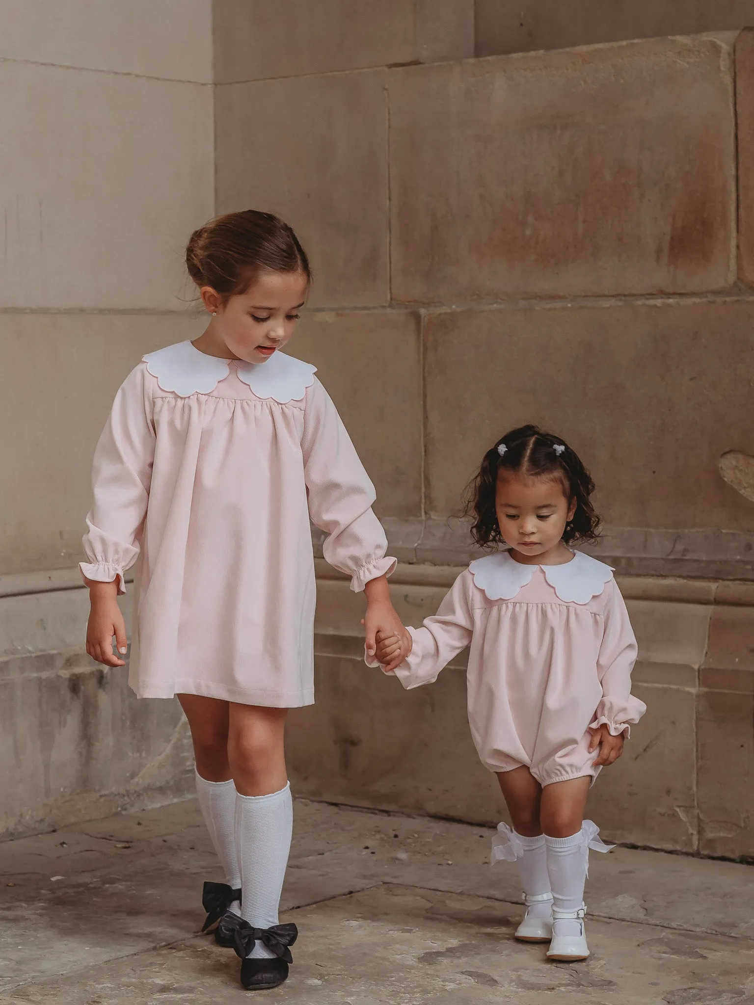 'Matilda' pink babycord scallop collar romper
