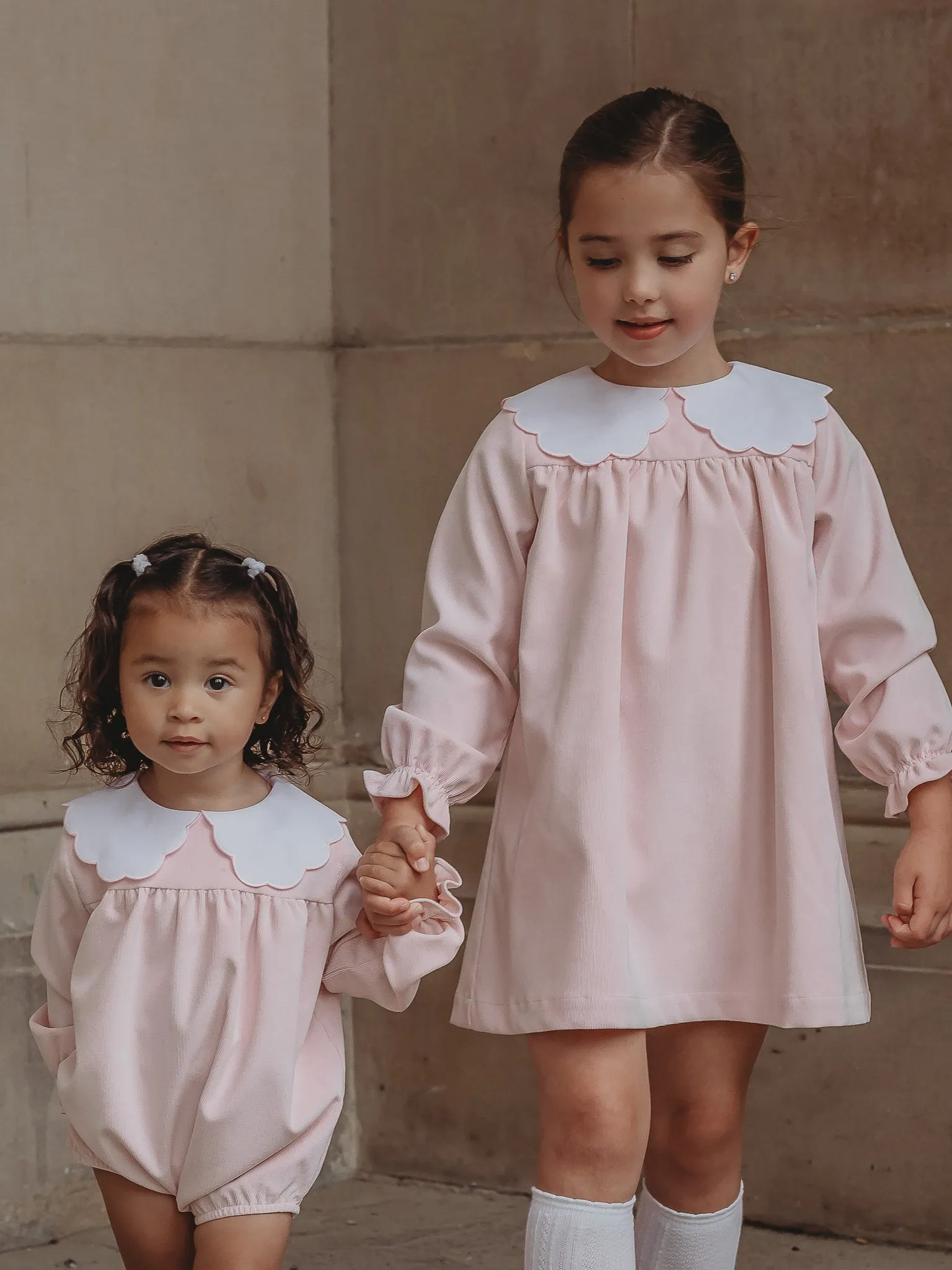 'Matilda' pink babycord scallop collar romper