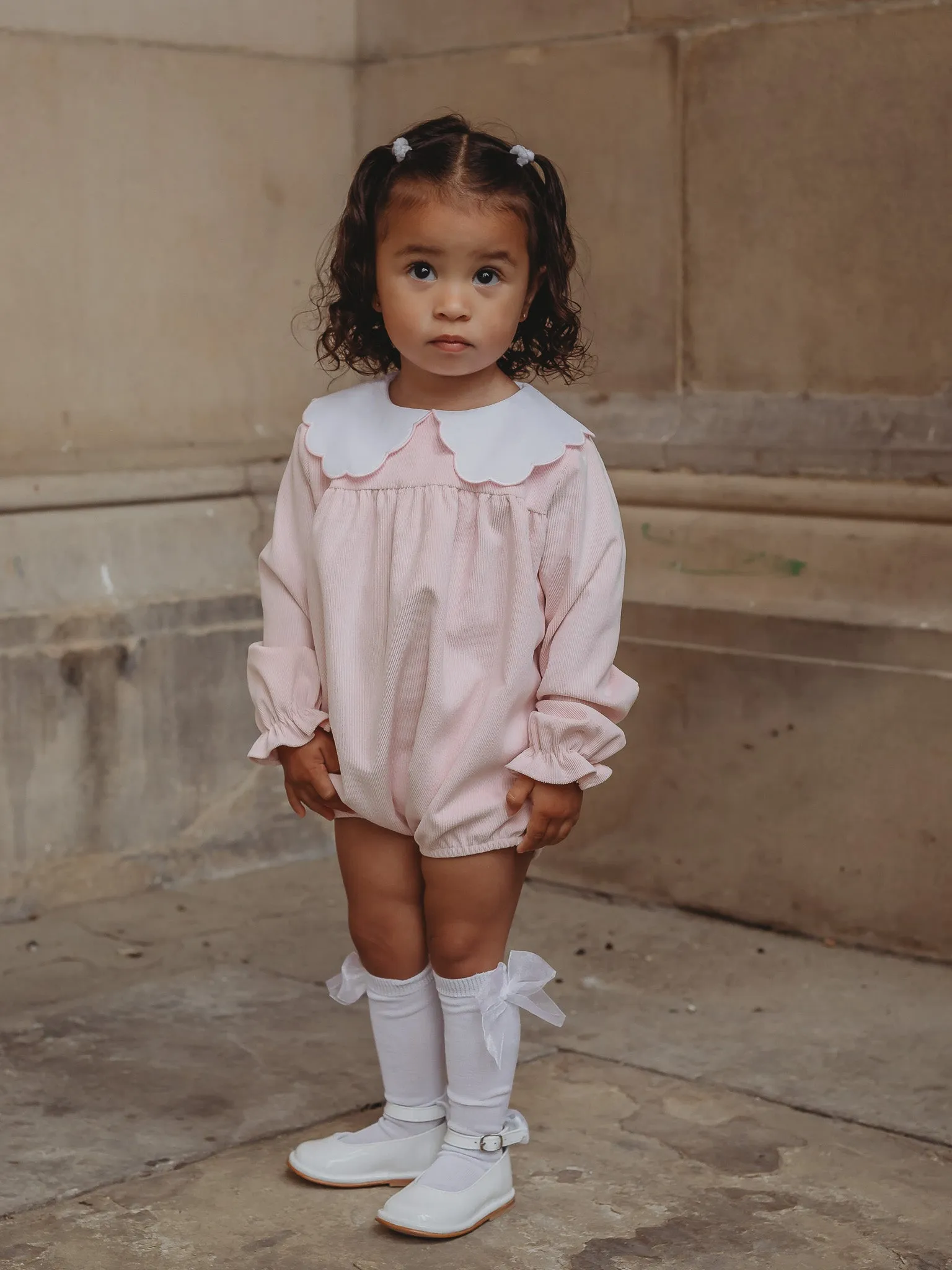 'Matilda' pink babycord scallop collar romper