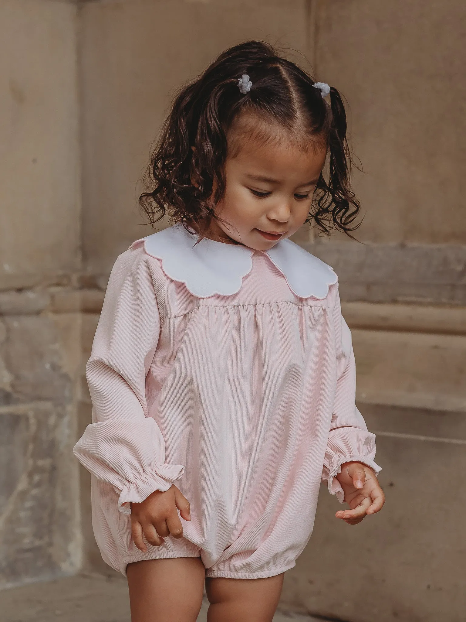 'Matilda' pink babycord scallop collar romper