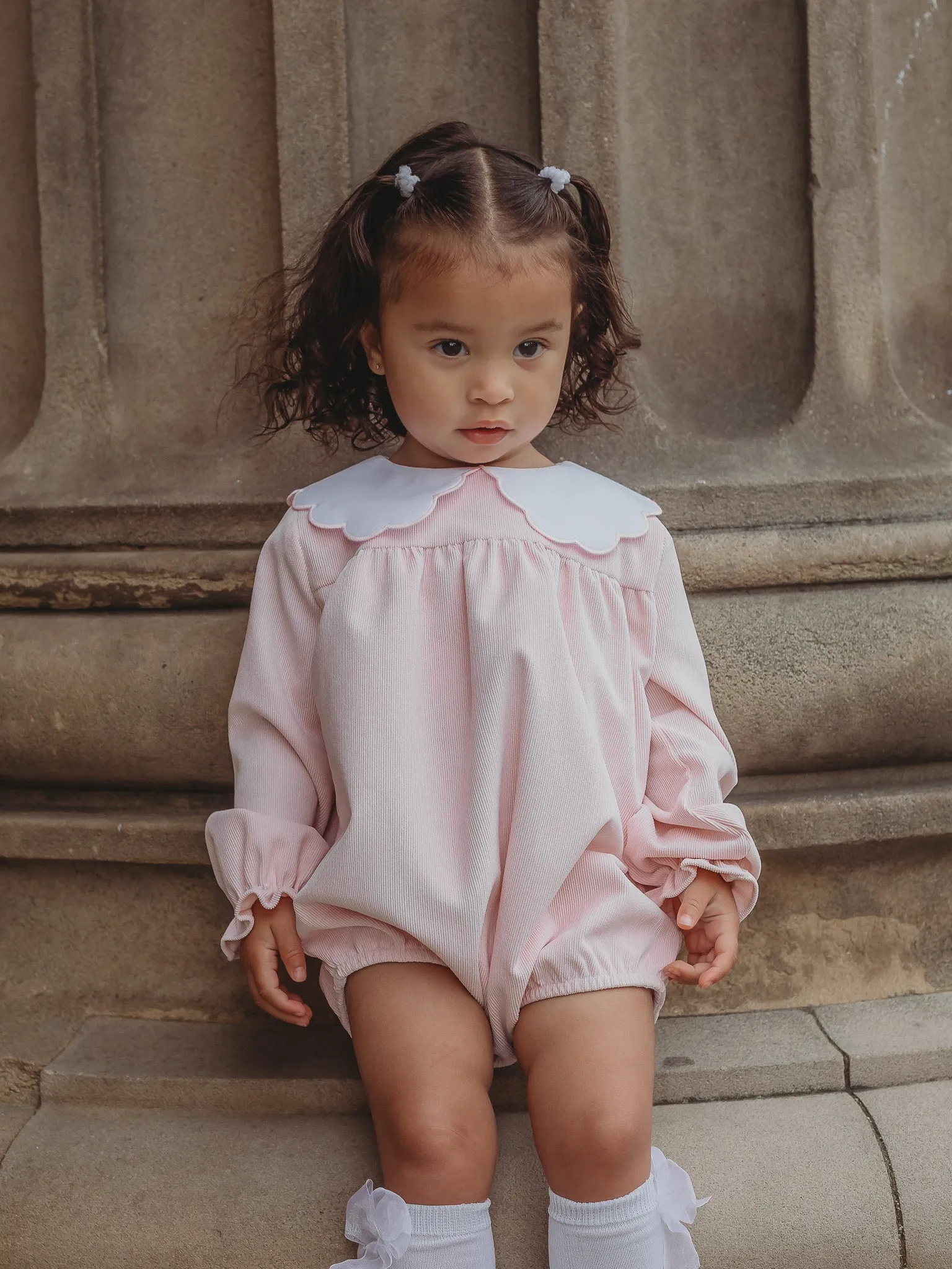 'Matilda' pink babycord scallop collar romper