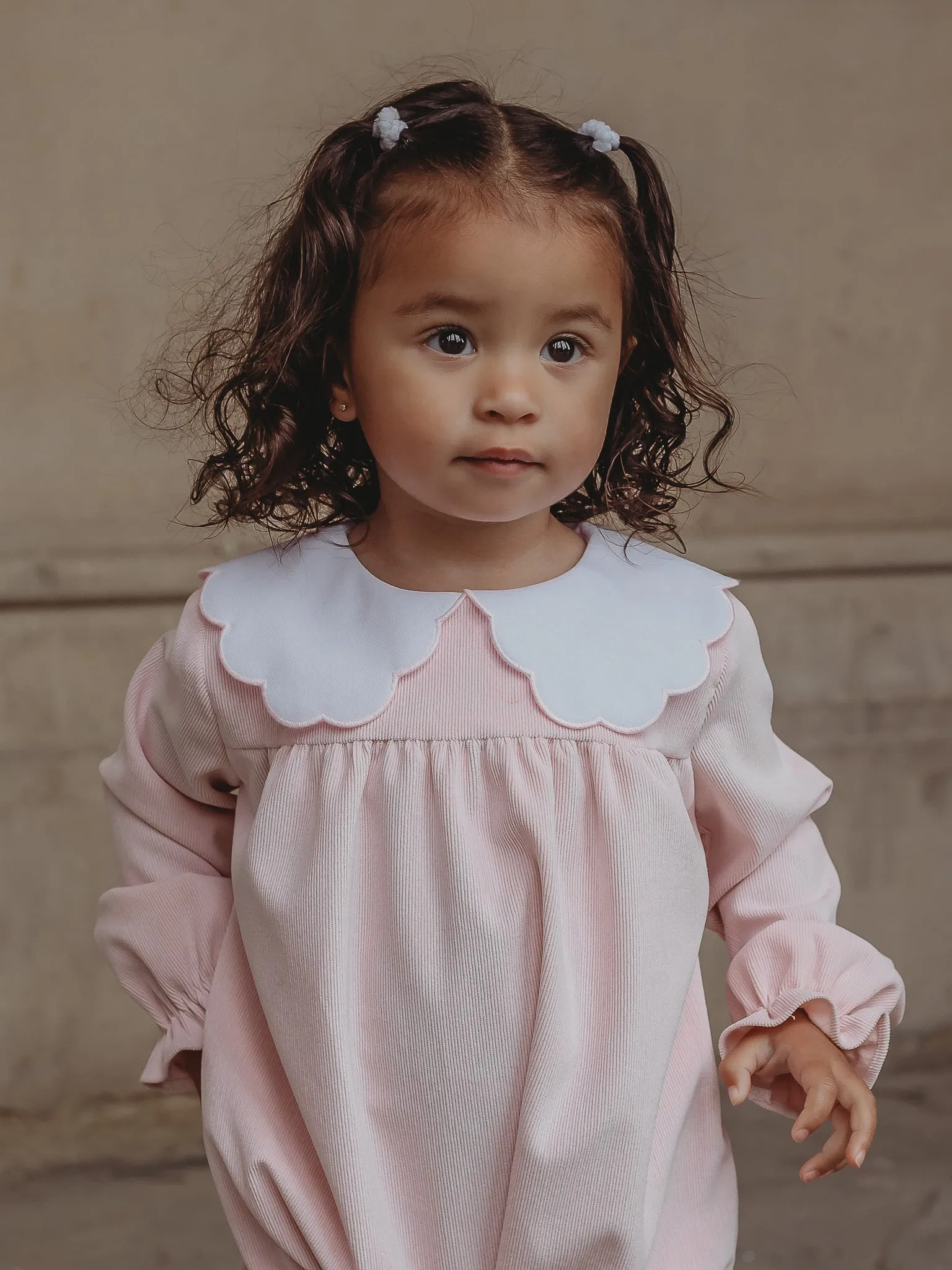 'Matilda' pink babycord scallop collar romper