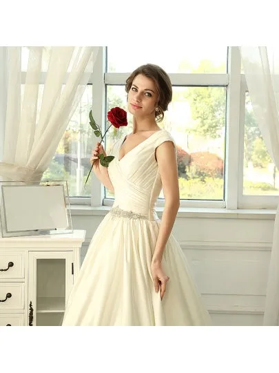 Matte Satin V-Neck Beading Cathedral Wedding Dress