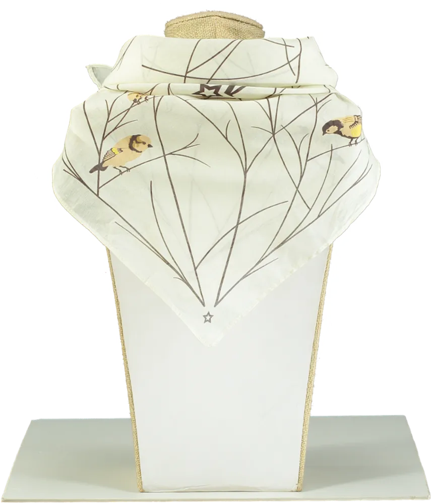 MEMO PARIS Luxury Cream Bird Print Silk Neck Scarf