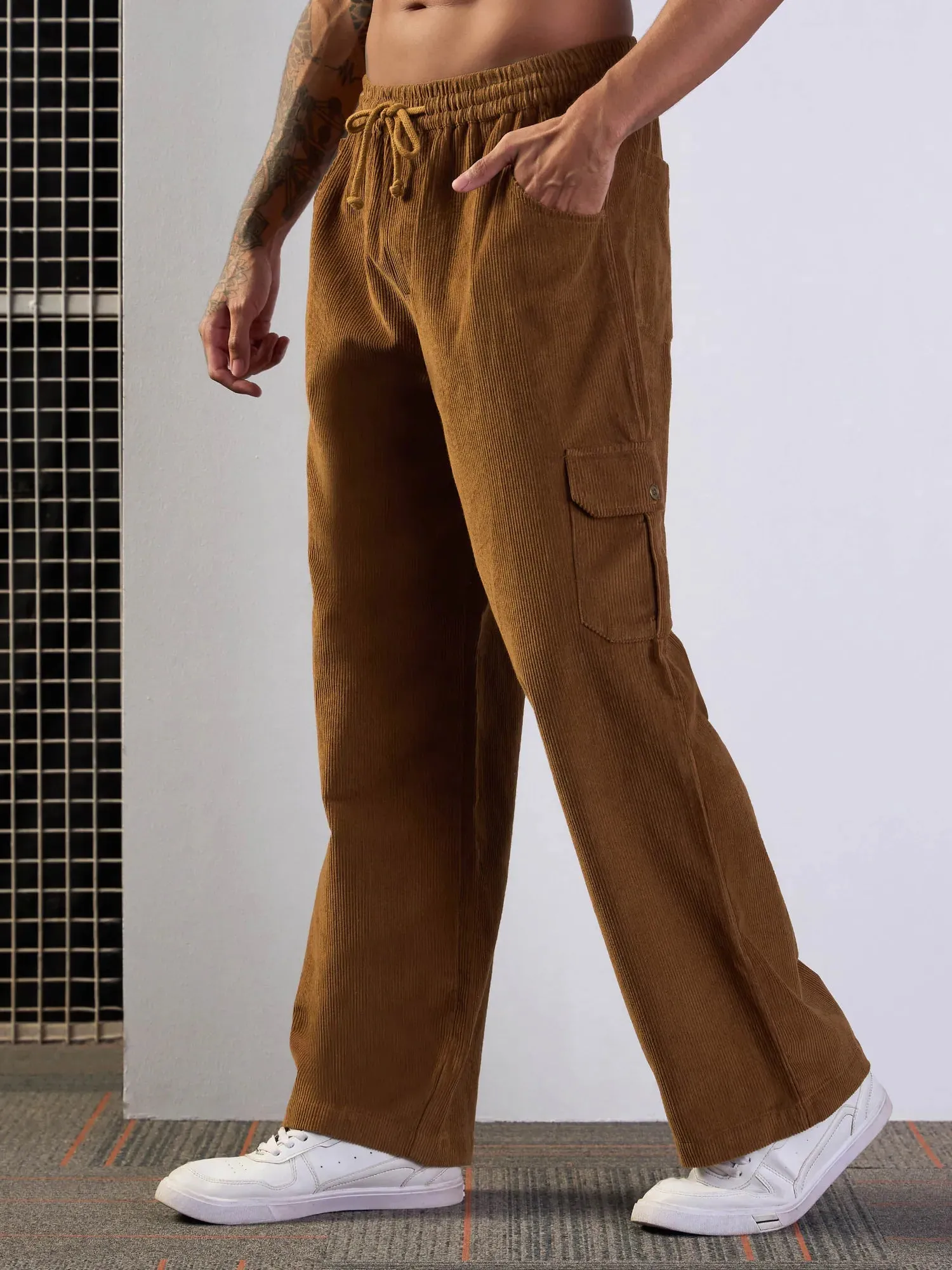 Men Brown Corduroy Side Pocket Cargo Pants-MSPANT50949