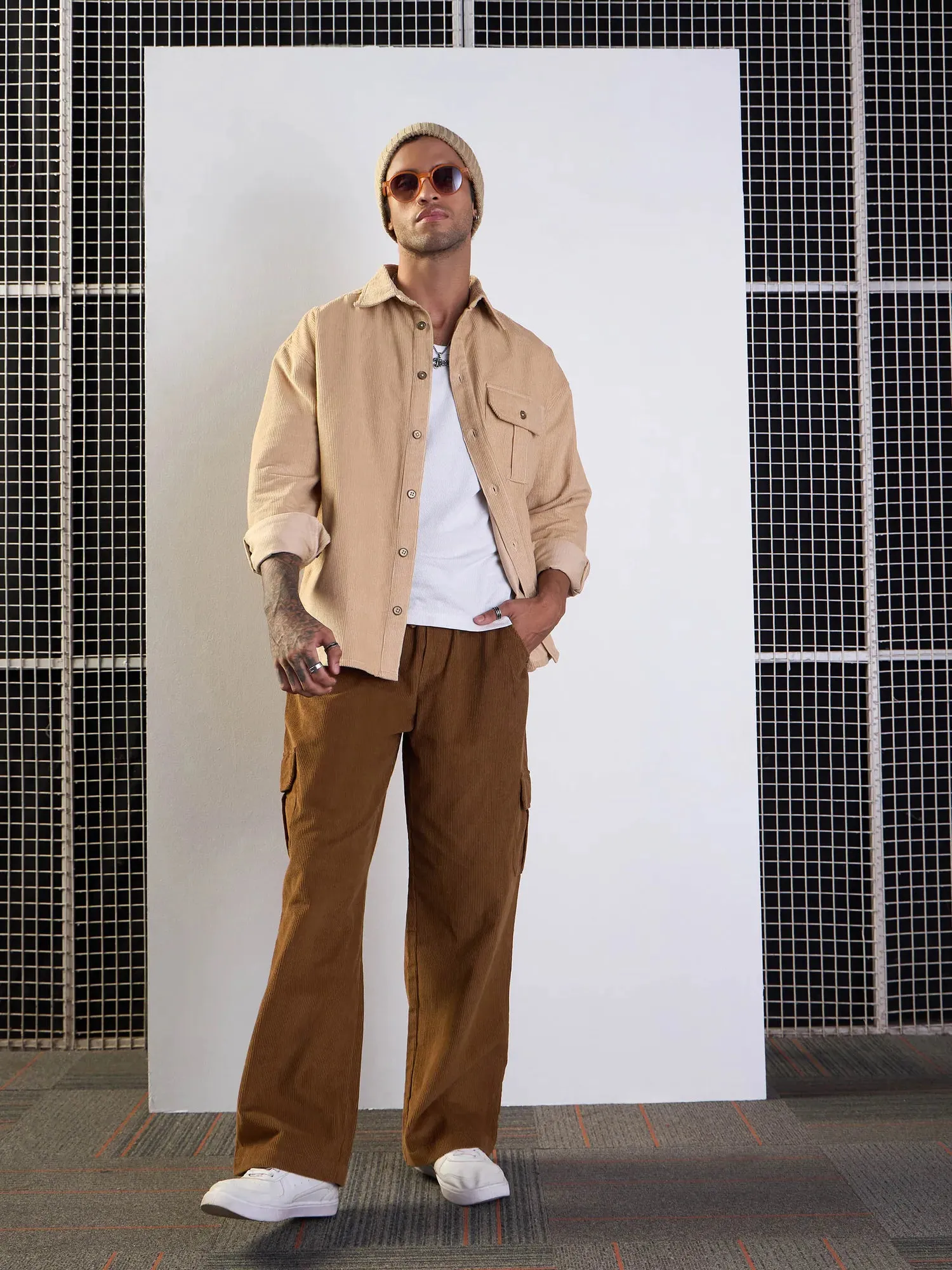 Men Brown Corduroy Side Pocket Cargo Pants-MSPANT50949