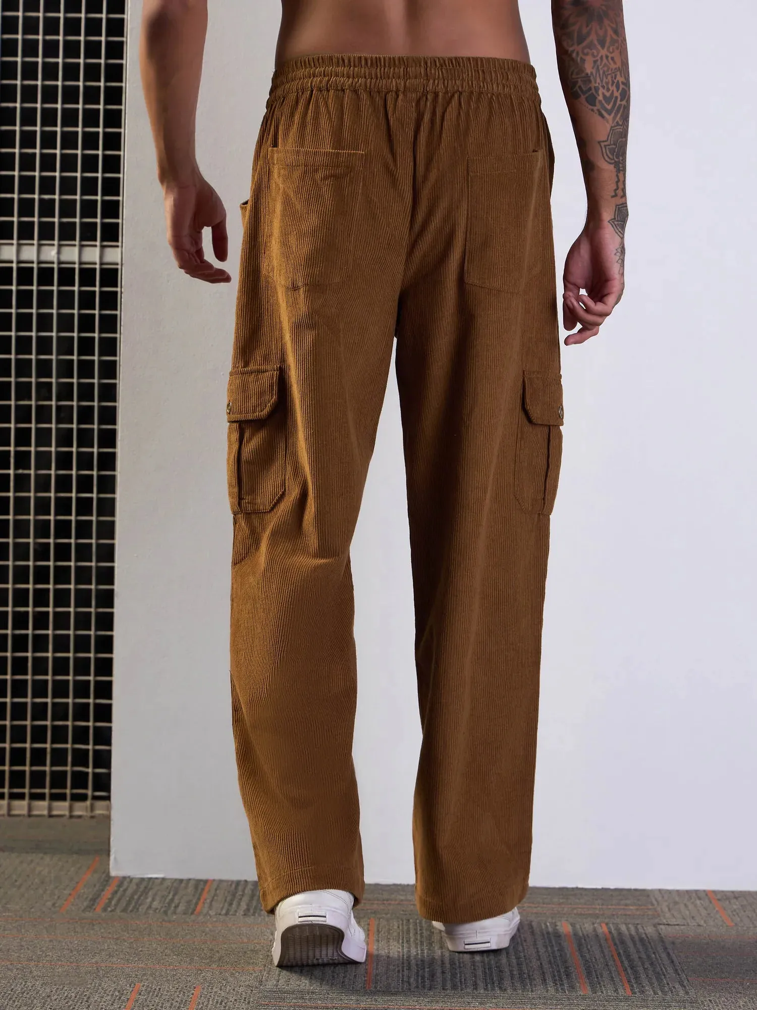 Men Brown Corduroy Side Pocket Cargo Pants-MSPANT50949