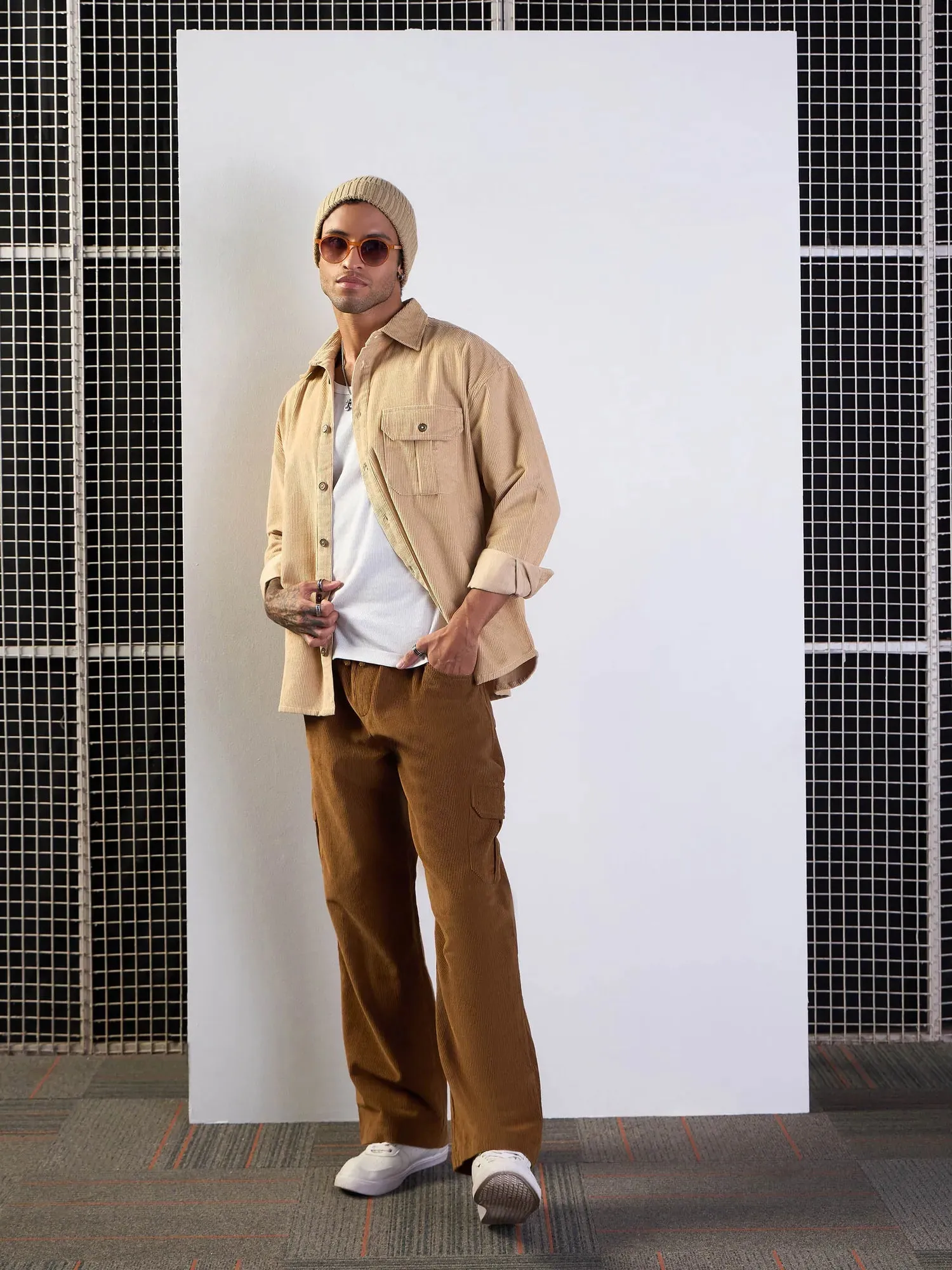 Men Brown Corduroy Side Pocket Cargo Pants-MSPANT50949