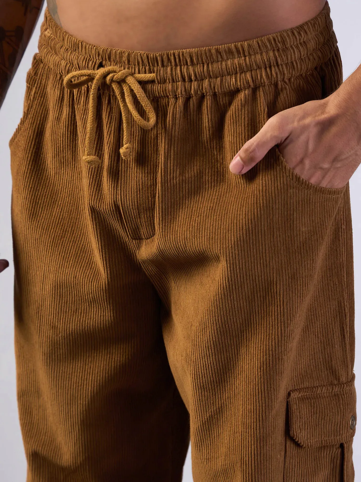 Men Brown Corduroy Side Pocket Cargo Pants-MSPANT50949