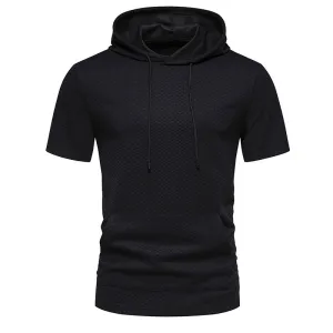 Men Lattice Pockets Short Sleeves Drawstring Hoody T-Shirt