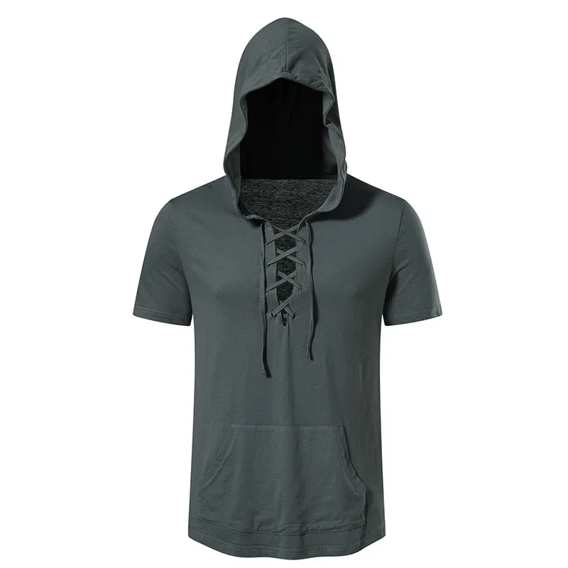 Men Short Sleeves Drawstring Hoody T-Shirt
